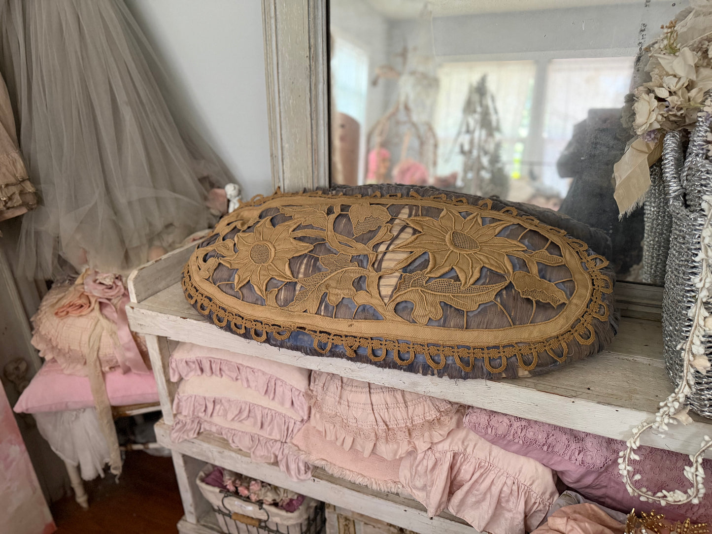 RARE XL Vintage By Nina Antique Shabby French Silk Lace Cushion