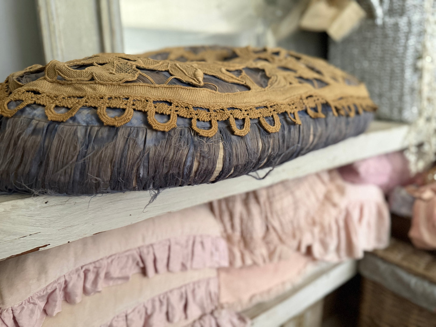 RARE XL Vintage By Nina Antique Shabby French Silk Lace Cushion