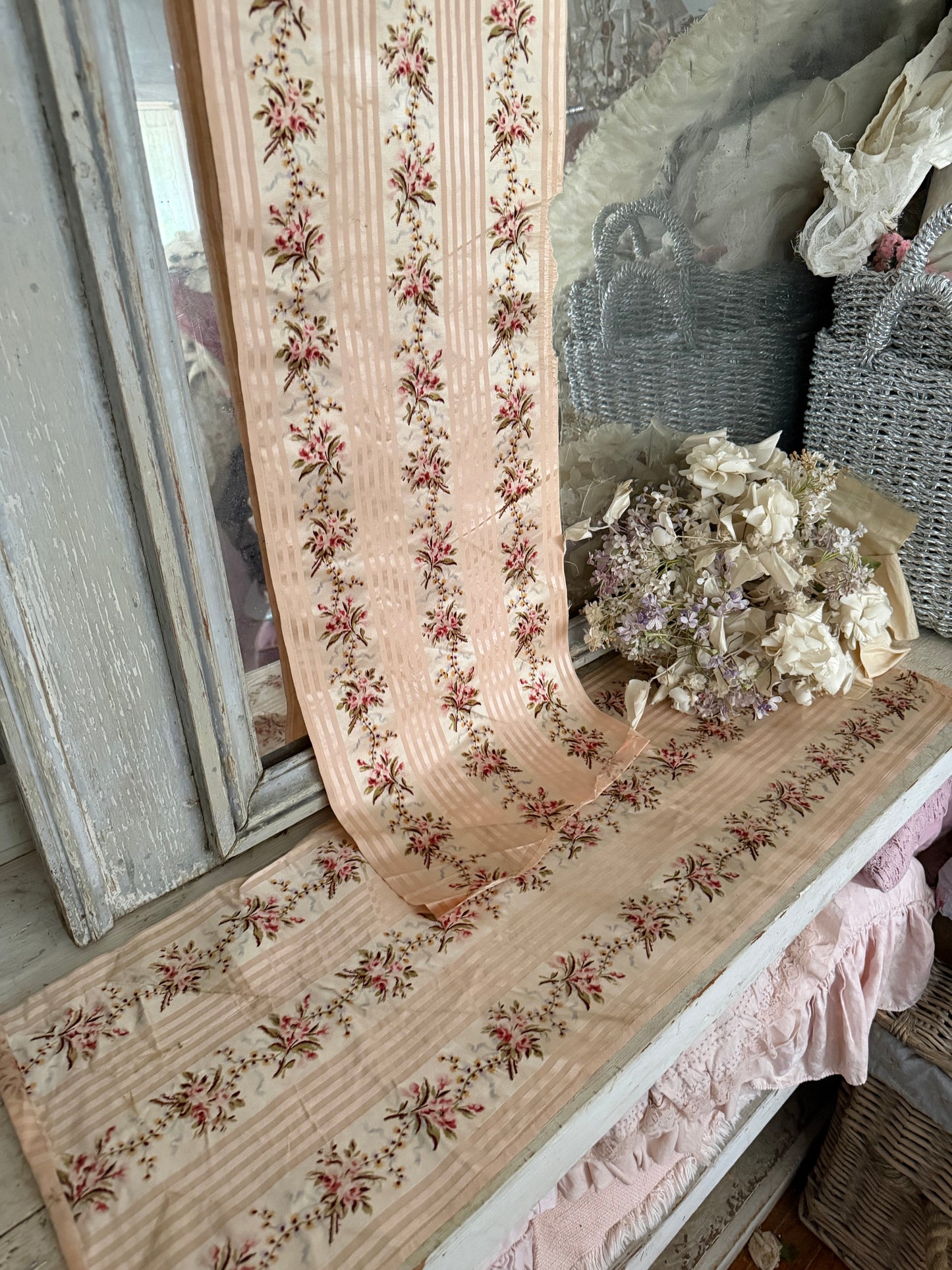 RARE Antique 18th Lyon Silk Pink Ribbon Rose Yardage From Gown