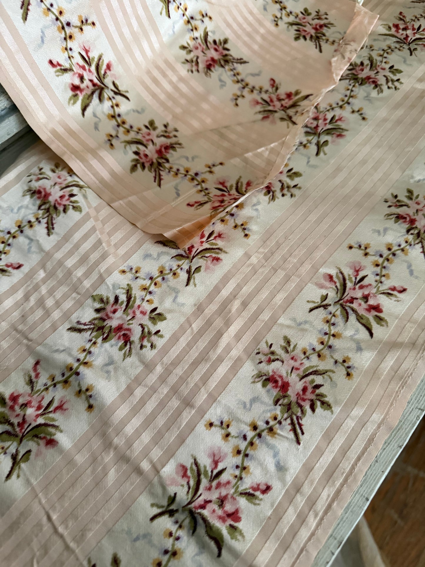 RARE Antique 18th Lyon Silk Pink Ribbon Rose Yardage From Gown