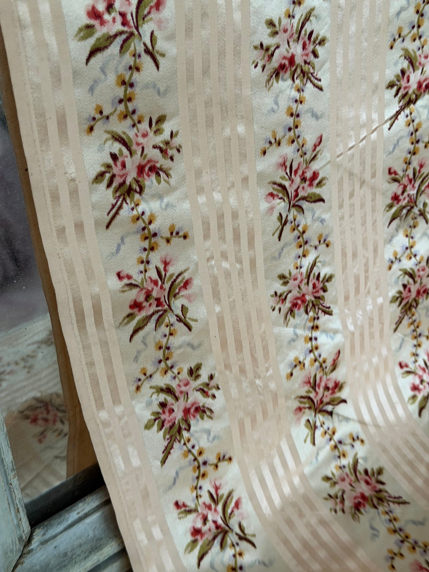 RARE Antique 18th Lyon Silk Pink Ribbon Rose Yardage From Gown