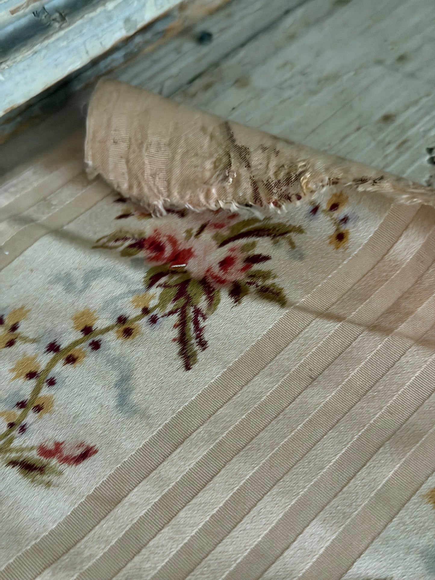 RARE Antique 18th Lyon Silk Pink Ribbon Rose Yardage From Gown