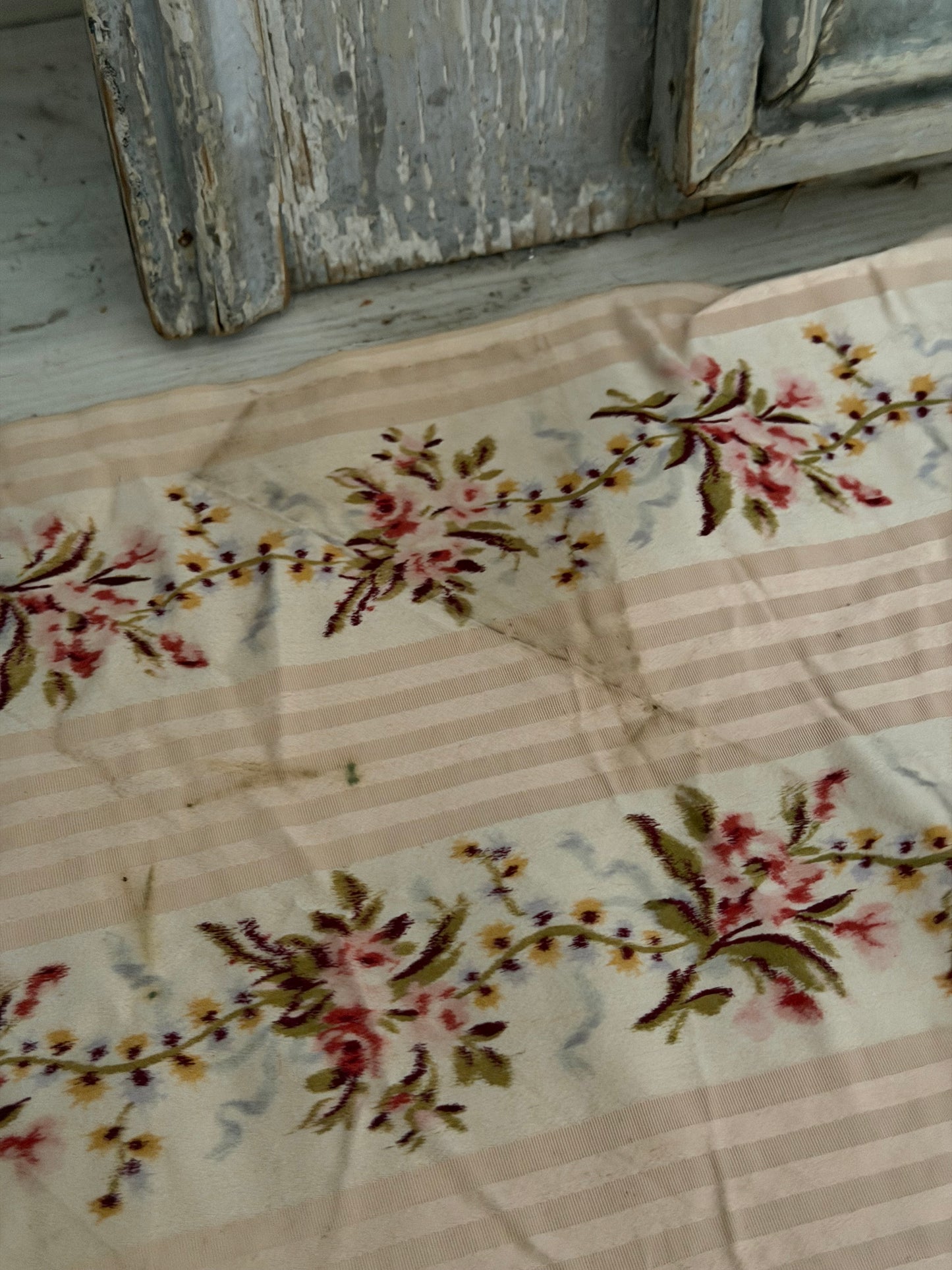 RARE Antique 18th Lyon Silk Pink Ribbon Rose Yardage From Gown