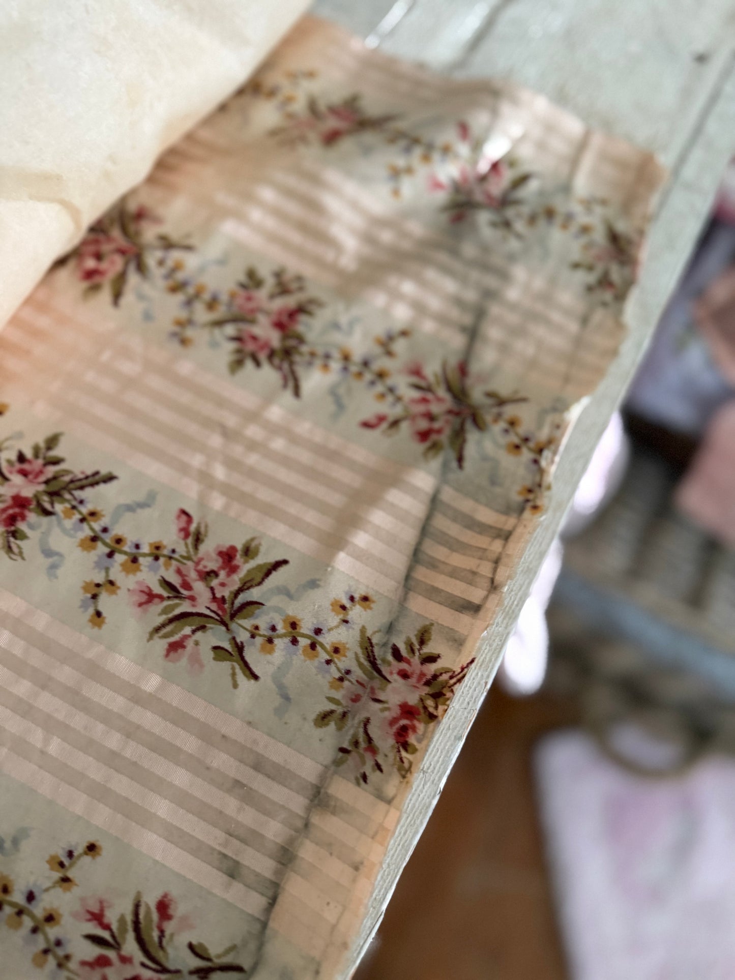 RARE Antique 18th Lyon Silk Pink Ribbon Rose Yardage From Gown