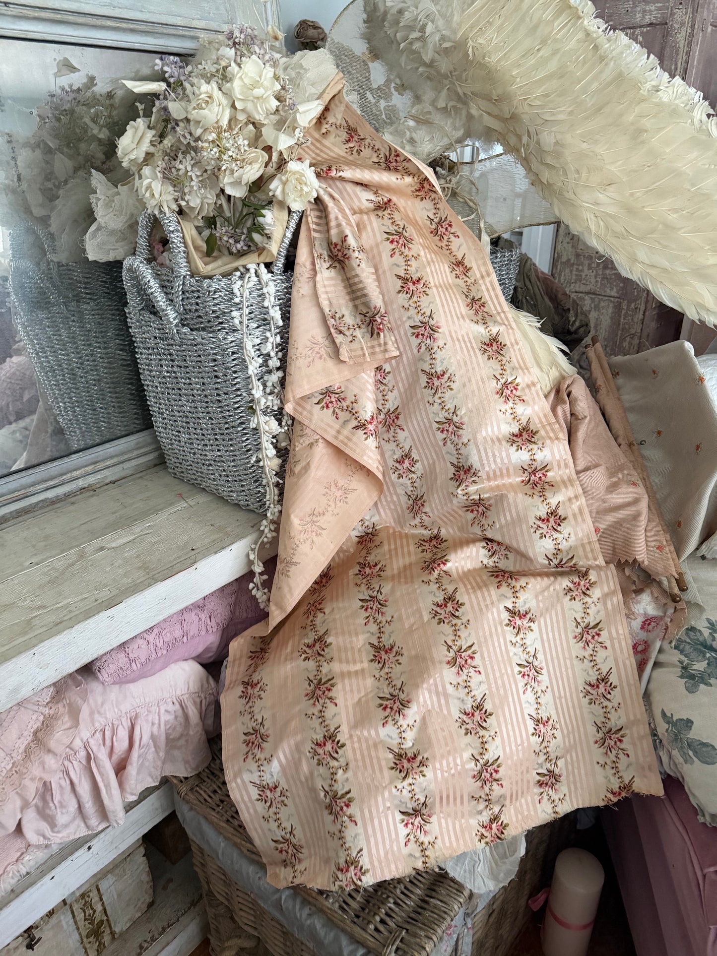 RARE Antique 18th Lyon Silk Pink Ribbon Rose Yardage From Gown