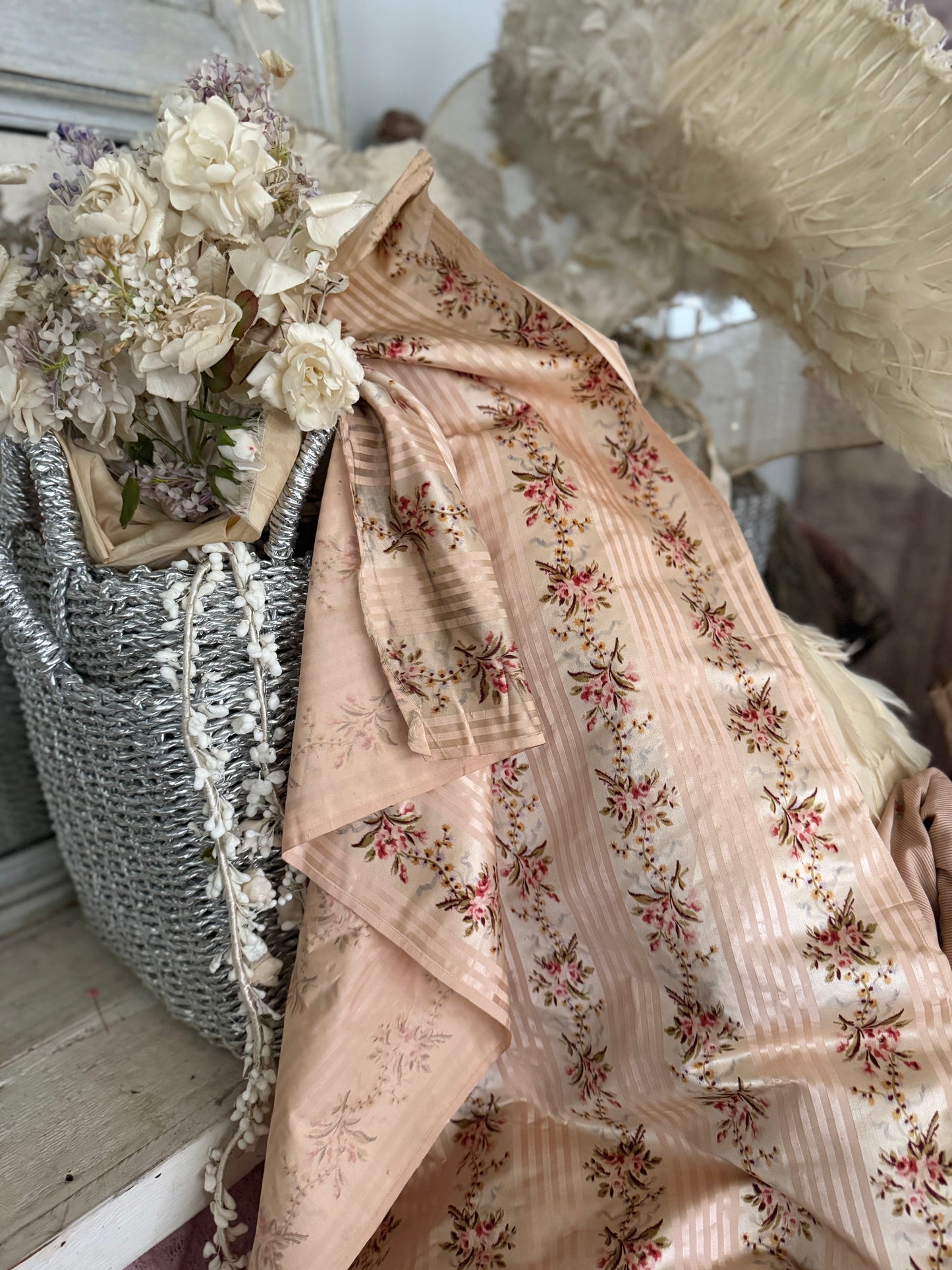 RARE Antique 18th Lyon Silk Pink Ribbon Rose Yardage From Gown