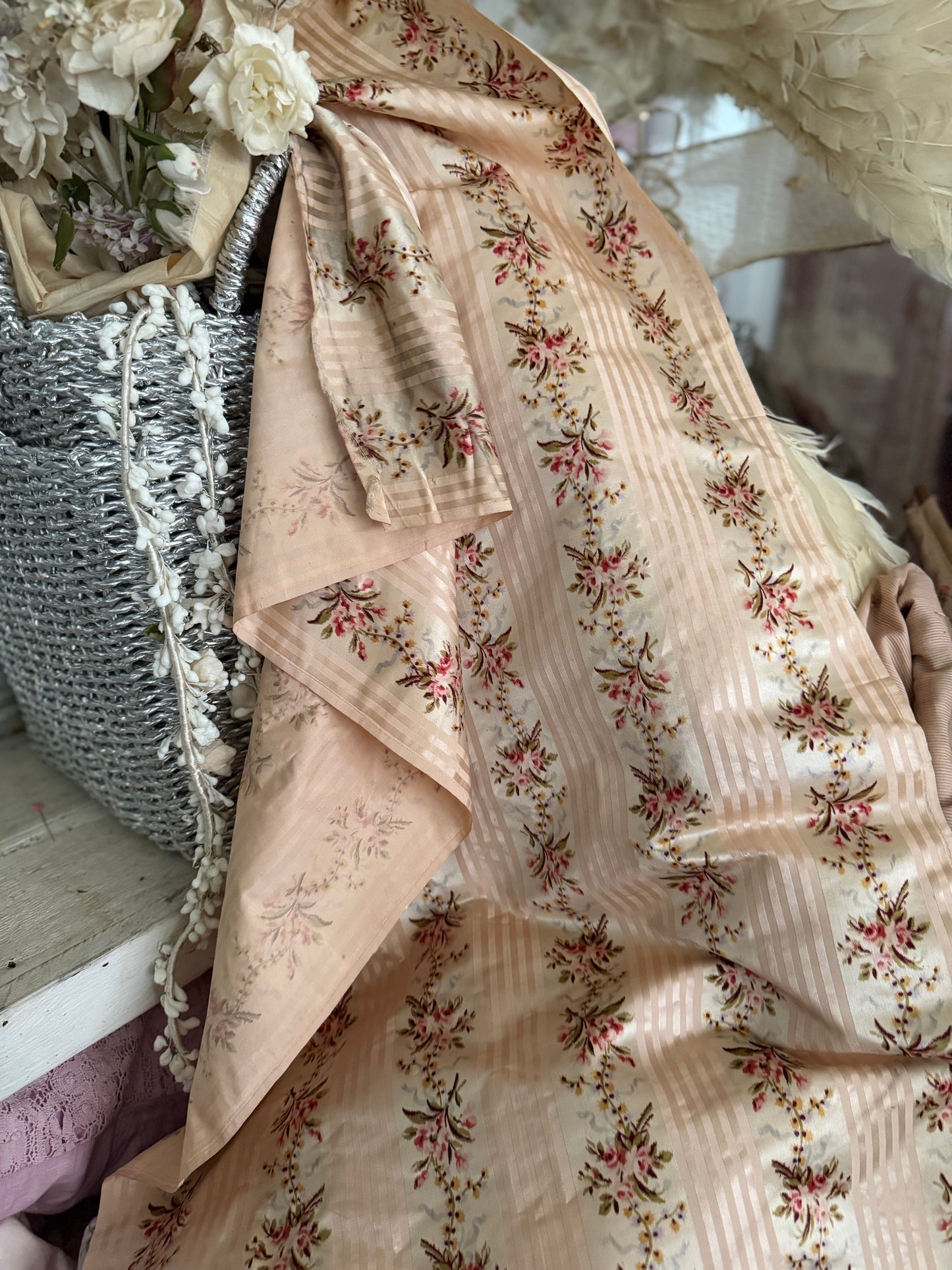 RARE Antique 18th Lyon Silk Pink Ribbon Rose Yardage From Gown