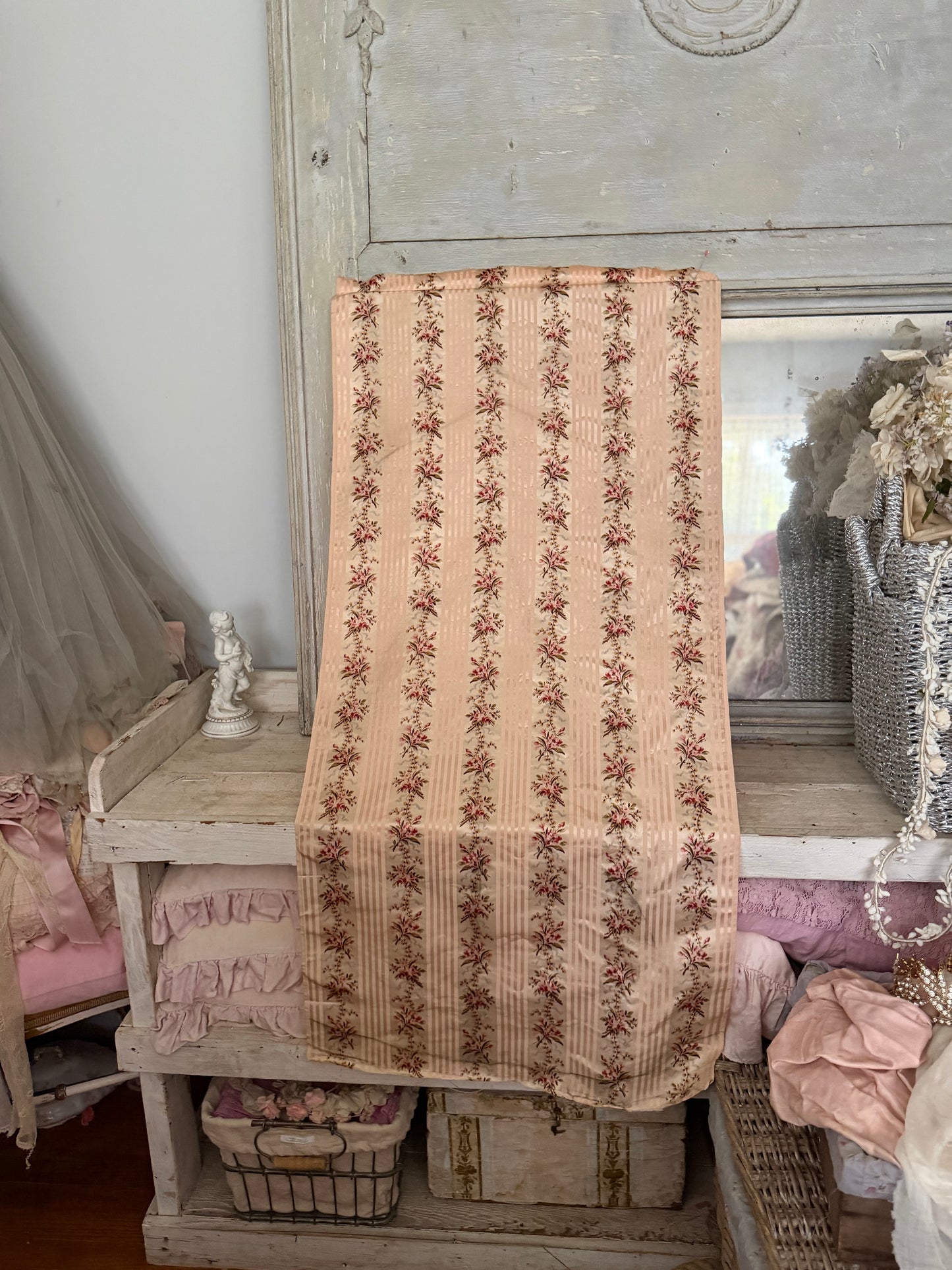 RARE Antique 18th Lyon Silk Pink Ribbon Rose Yardage From Gown