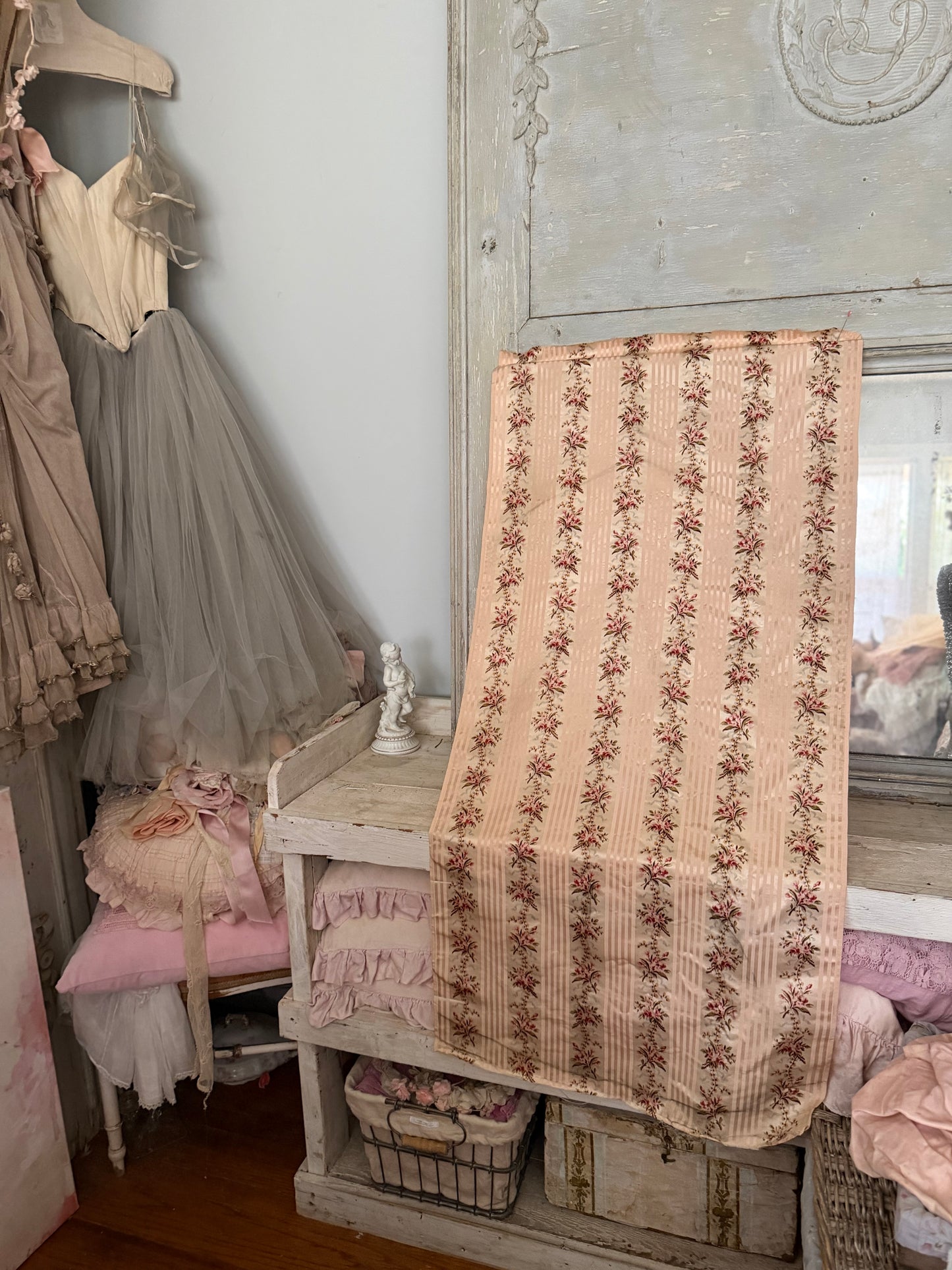RARE Antique 18th Lyon Silk Pink Ribbon Rose Yardage From Gown