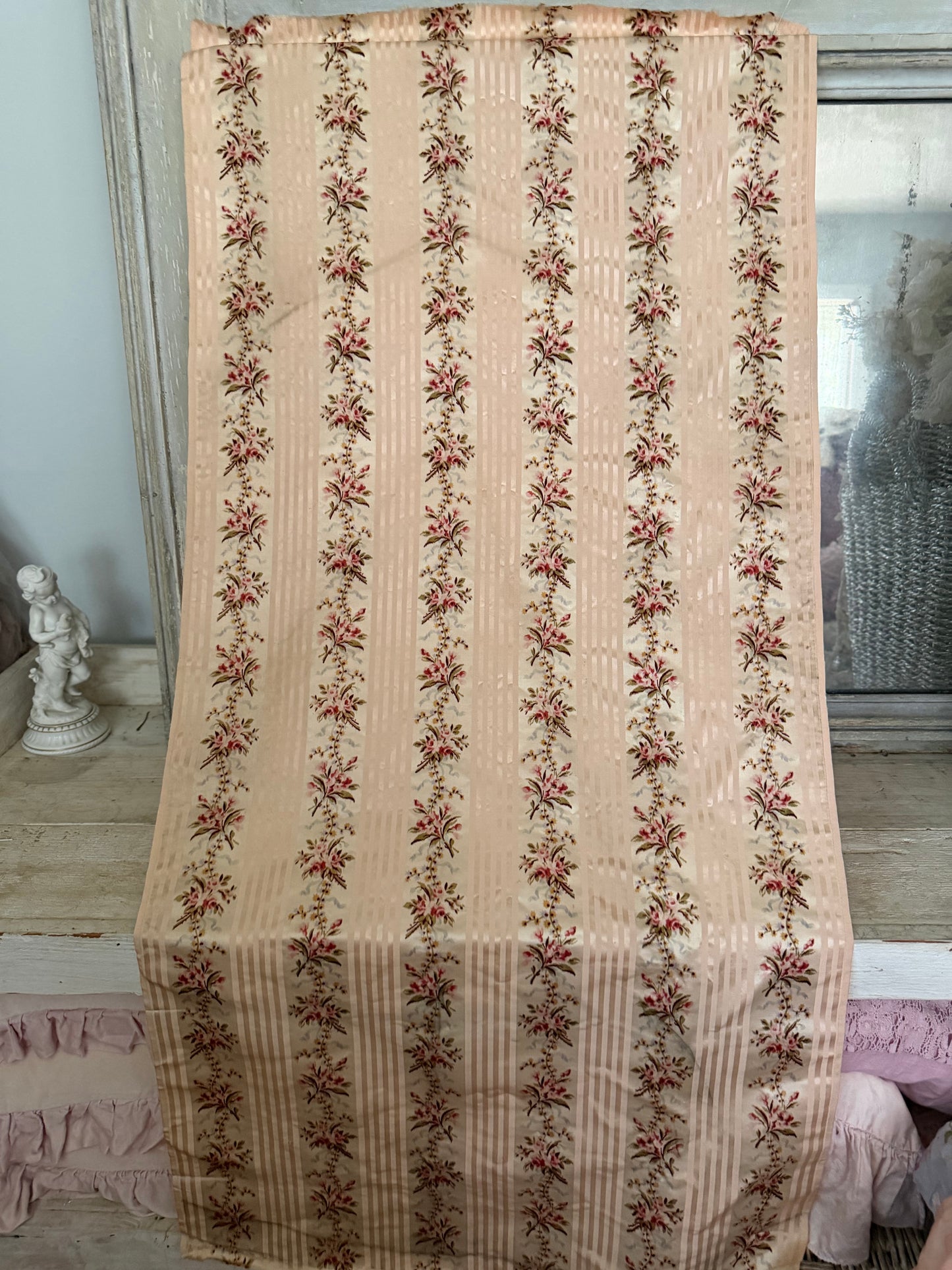 RARE Antique 18th Lyon Silk Pink Ribbon Rose Yardage From Gown