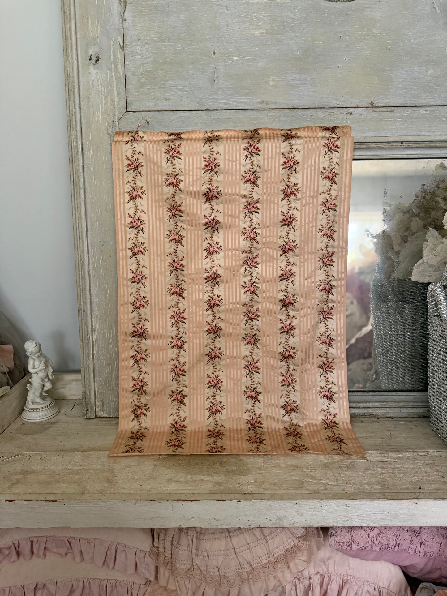 RARE Antique 18th Lyon Silk Pink Ribbon Rose Yardage From Gown