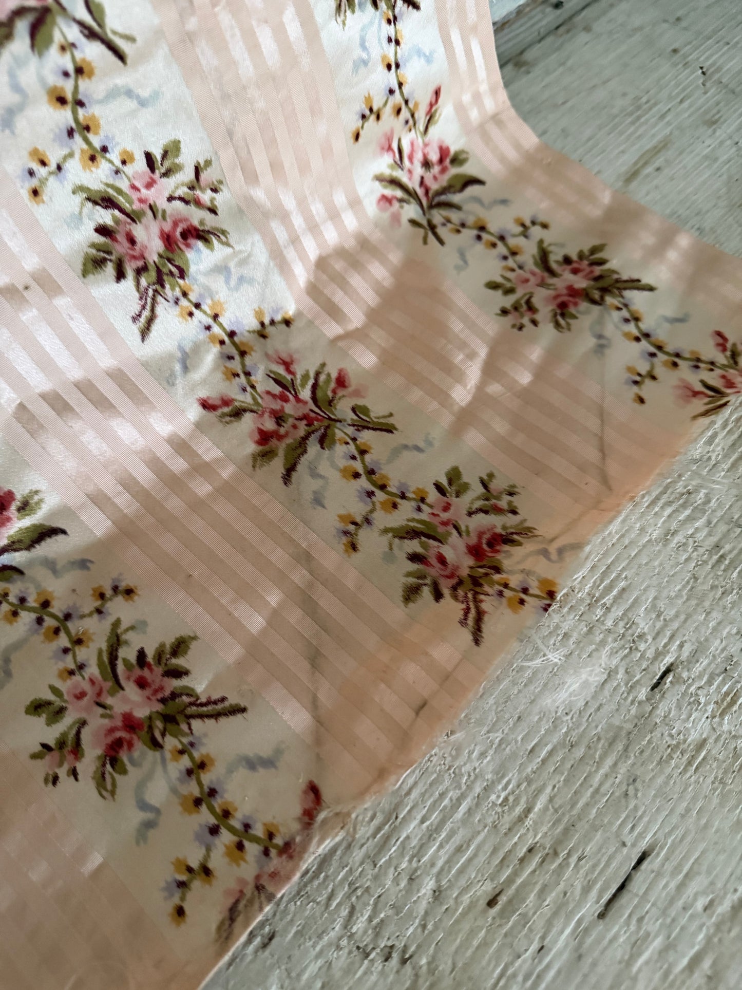 RARE Antique 18th Lyon Silk Pink Ribbon Rose Yardage From Gown