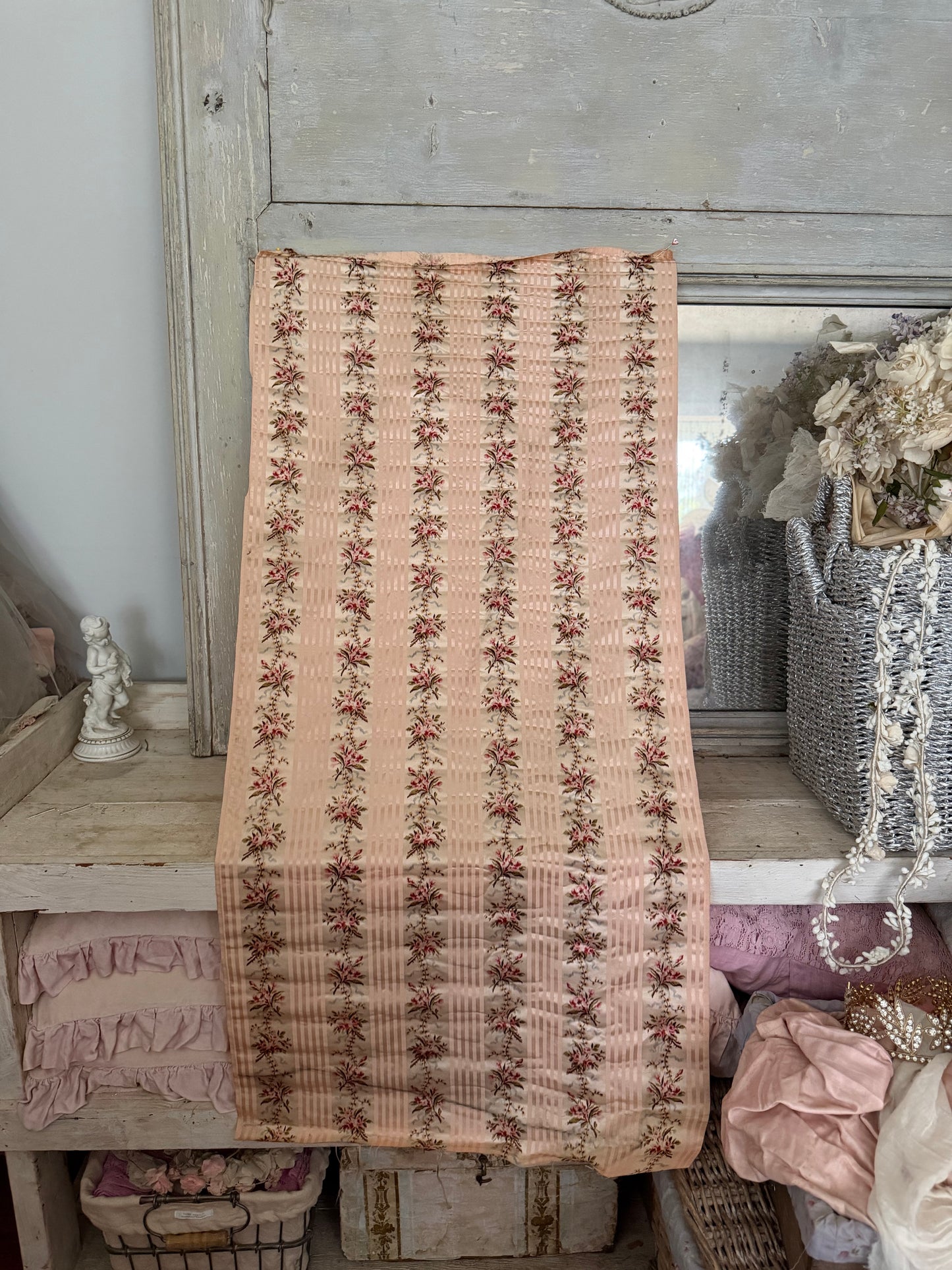 RARE Antique 18th Lyon Silk Pink Ribbon Rose Yardage From Gown