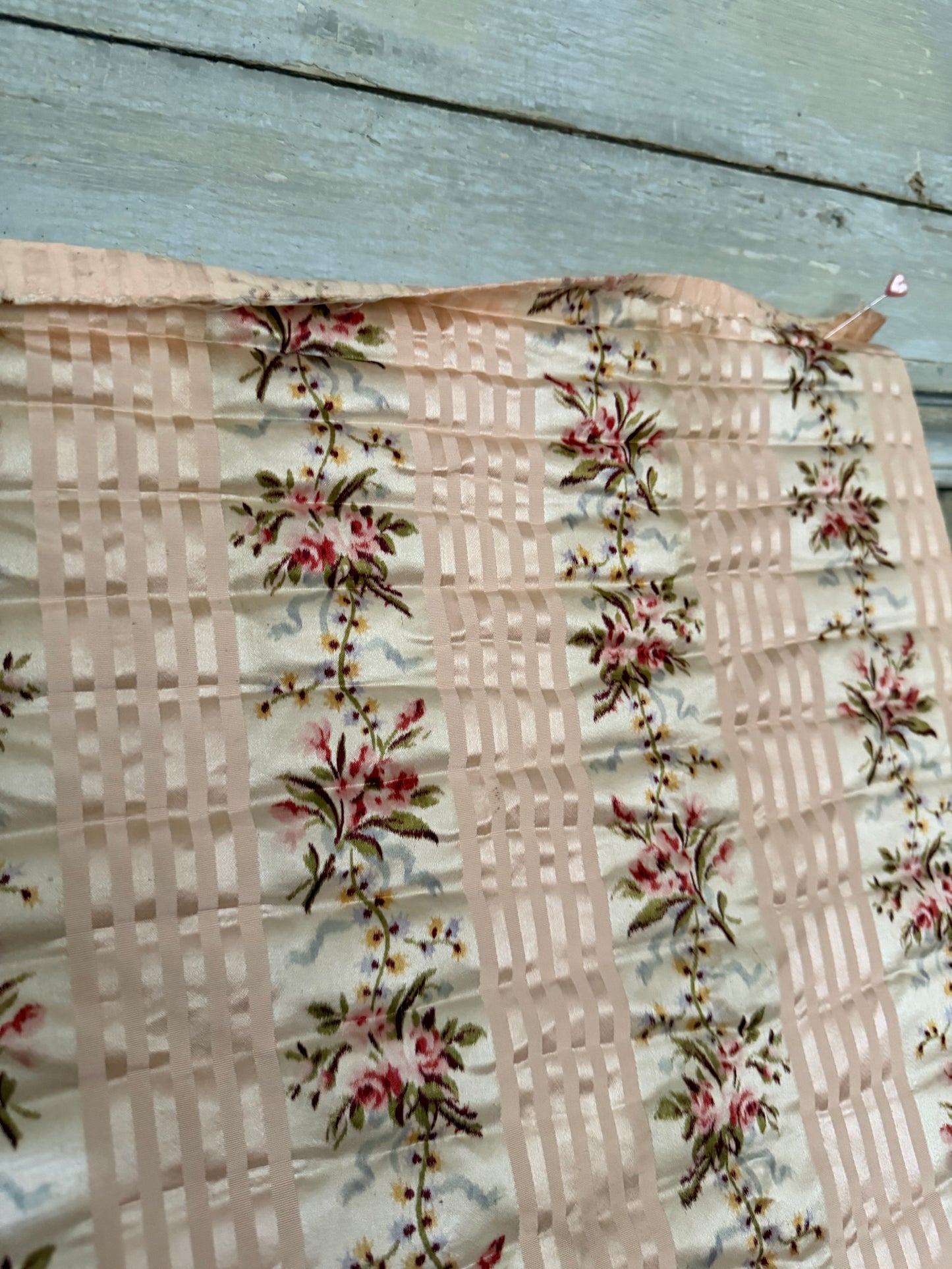 RARE Antique 18th Lyon Silk Pink Ribbon Rose Yardage From Gown
