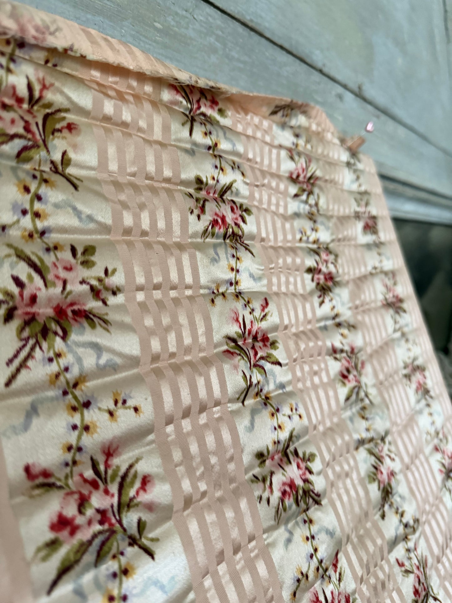 RARE Antique 18th Lyon Silk Pink Ribbon Rose Yardage From Gown