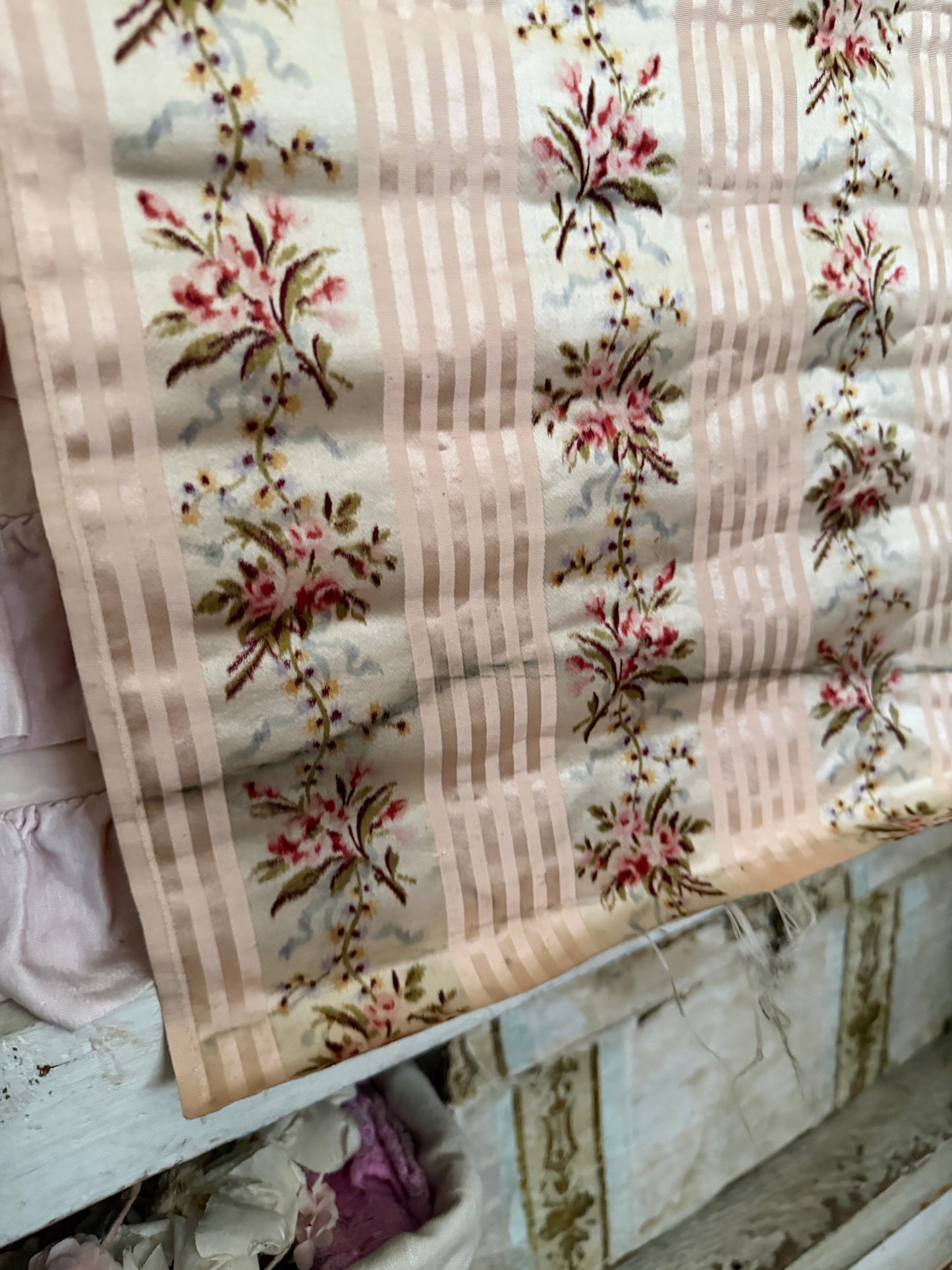 RARE Antique 18th Lyon Silk Pink Ribbon Rose Yardage From Gown