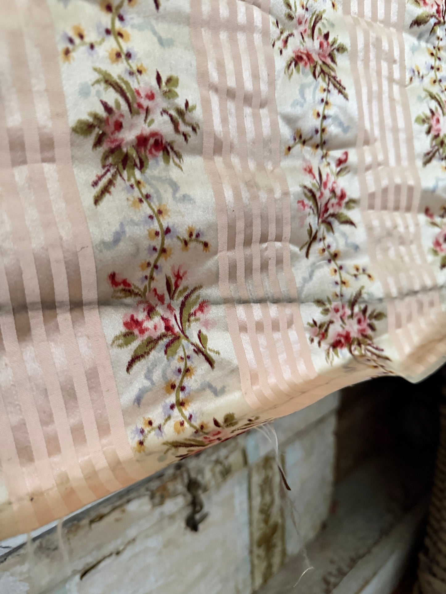 RARE Antique 18th Lyon Silk Pink Ribbon Rose Yardage From Gown