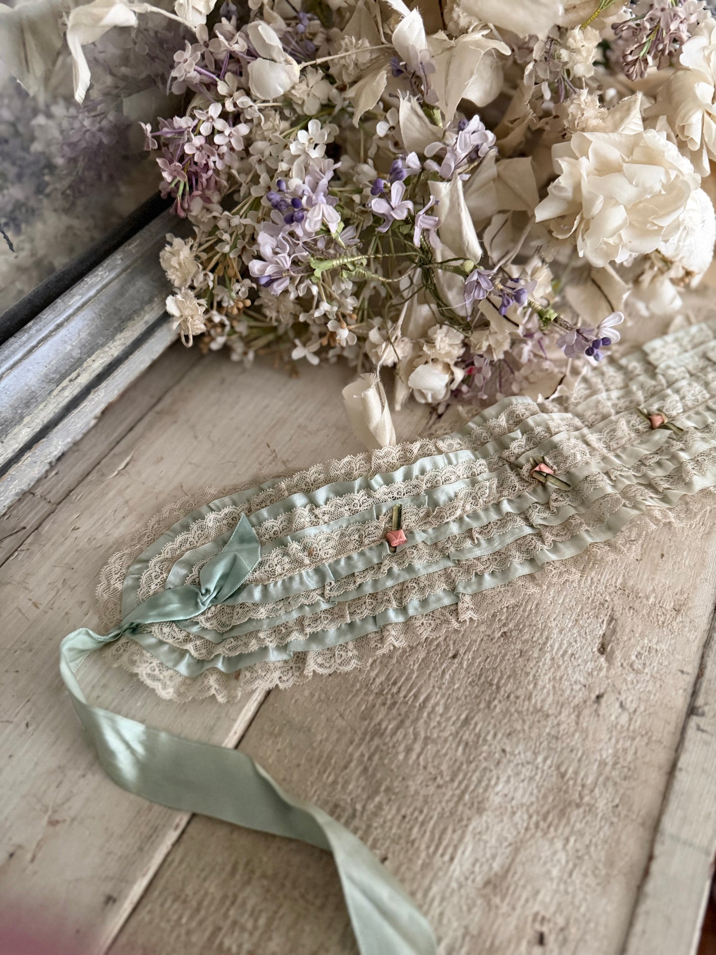 Antique Lace Bandeau Blue Silk Ribbonwork Bows