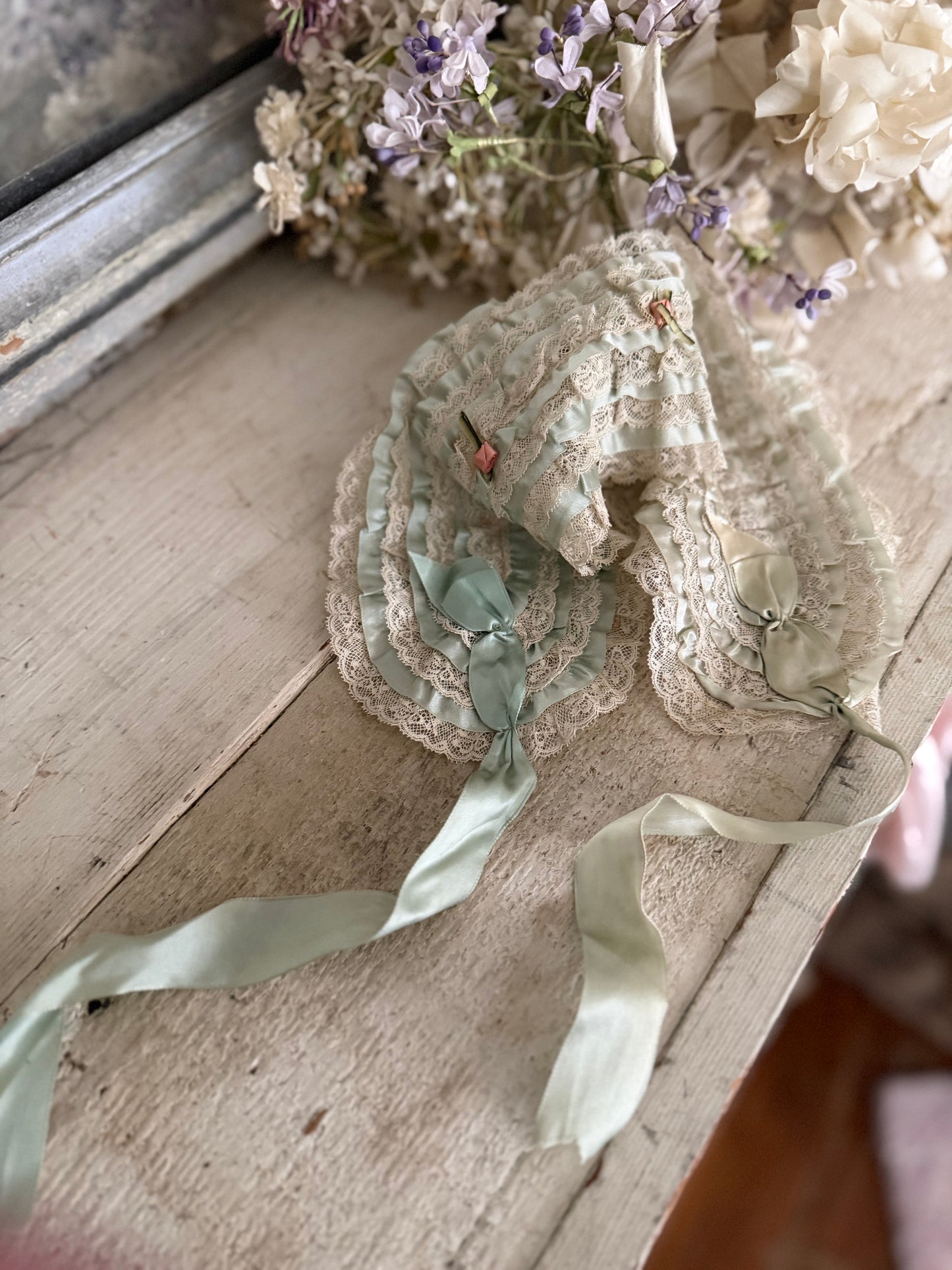 Antique Lace Bandeau Blue Silk Ribbonwork Bows