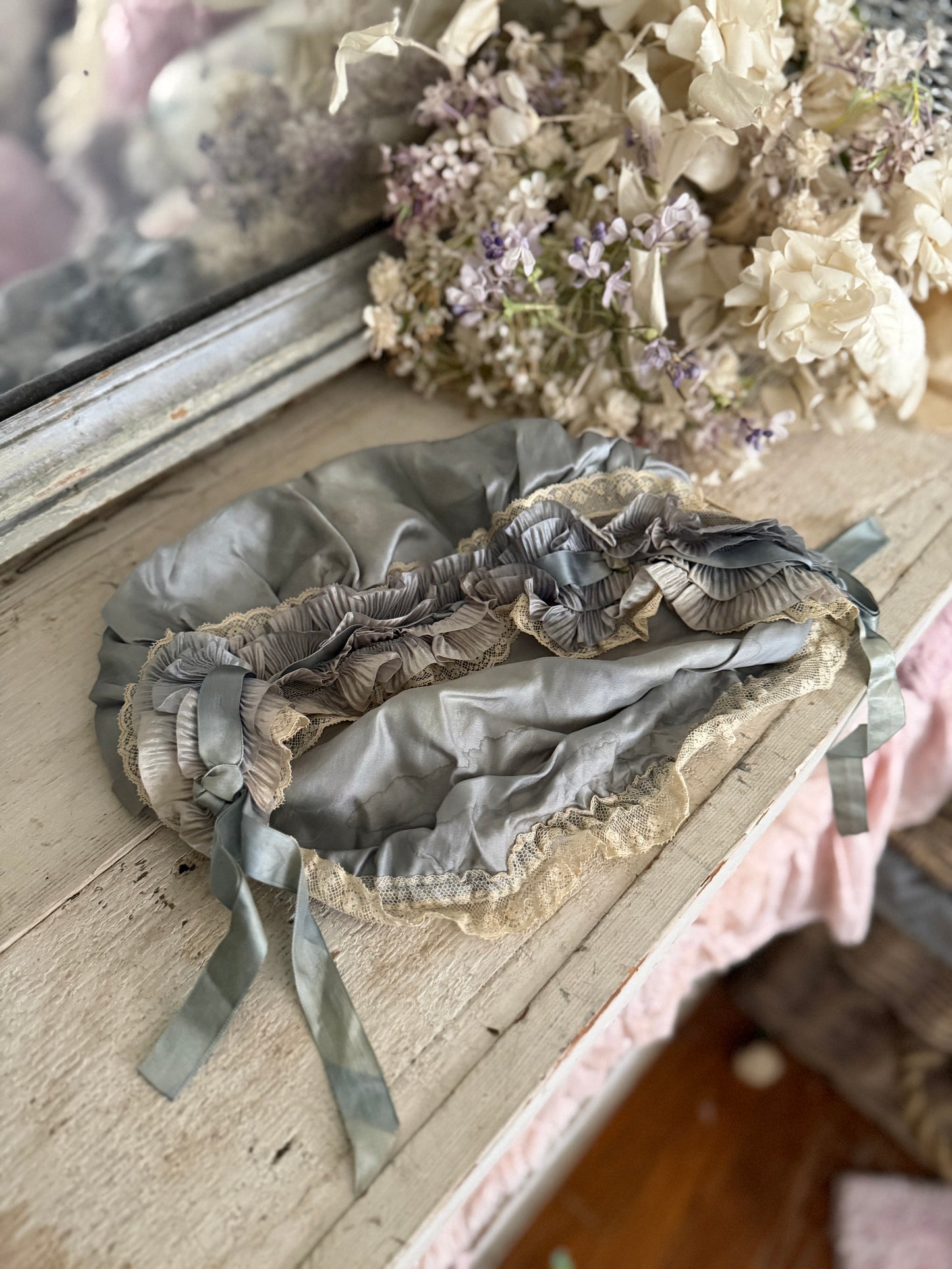 Antique Ribbonwork Boudoir Cap Dusty Blue Silk Lace Ribbon