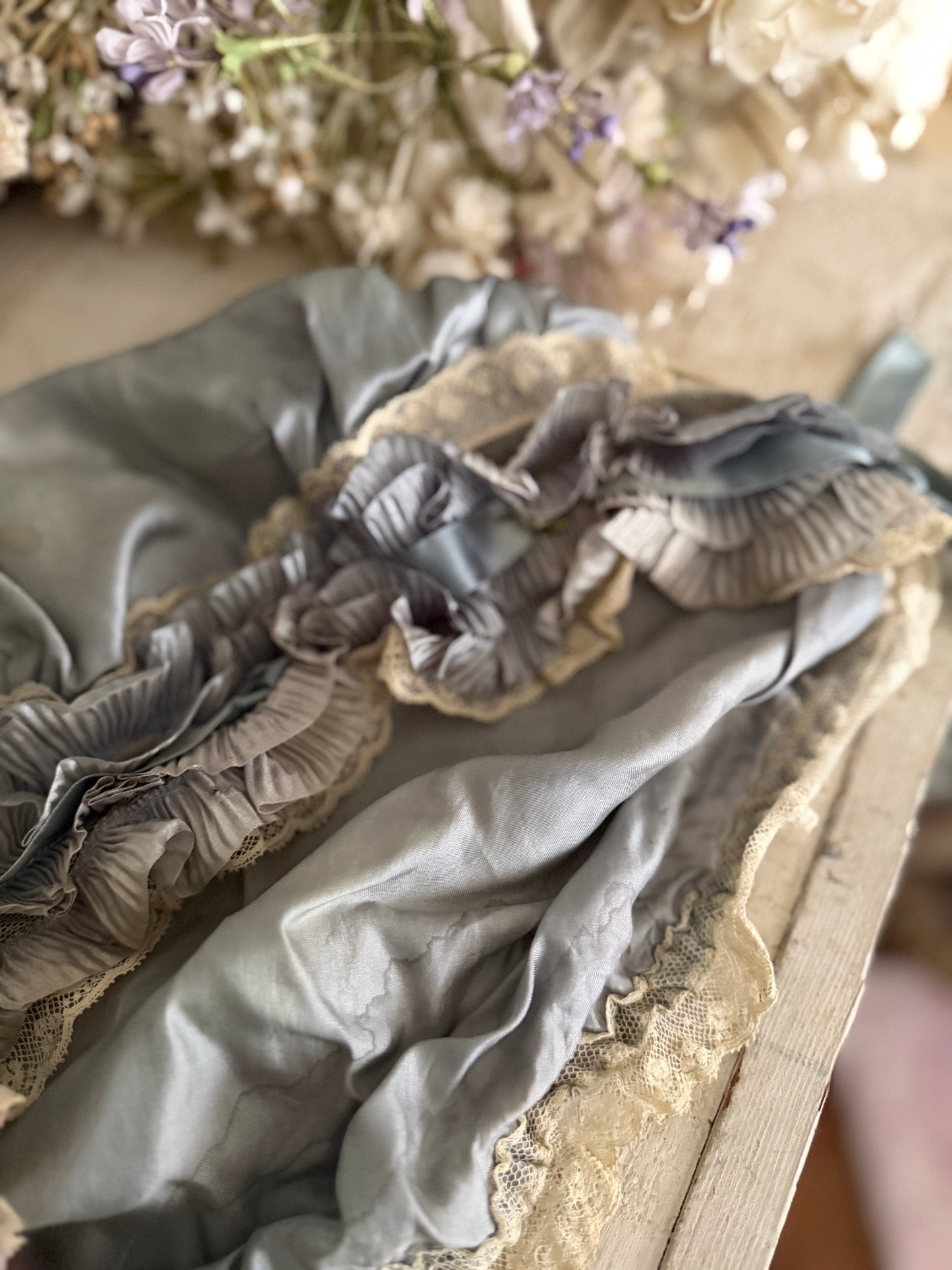 Antique Ribbonwork Boudoir Cap Dusty Blue Silk Lace Ribbon