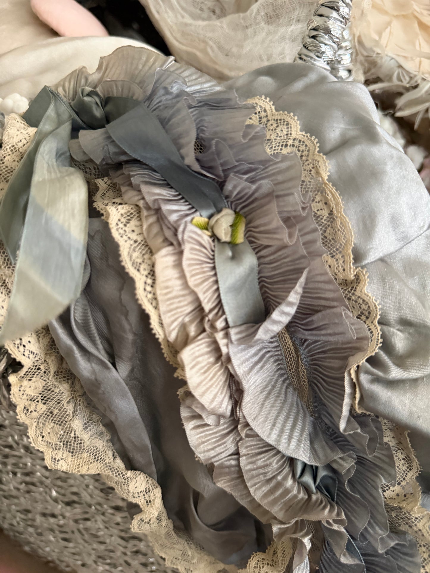 Antique Ribbonwork Boudoir Cap Dusty Blue Silk Lace Ribbon