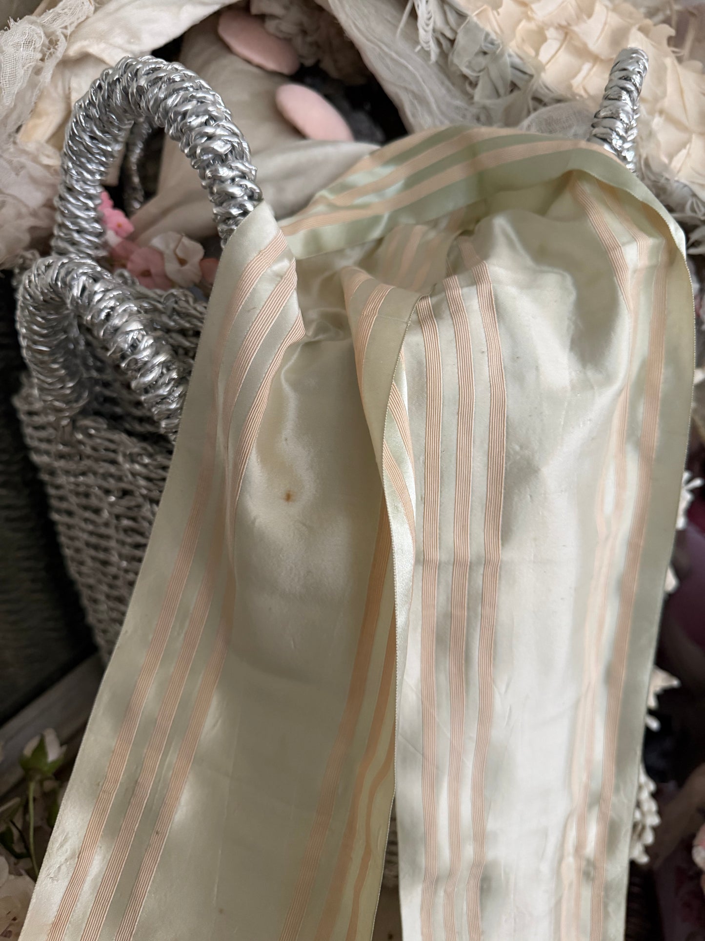 Antique Silk Ribbon Ice Green Pastel Ivory Stripe