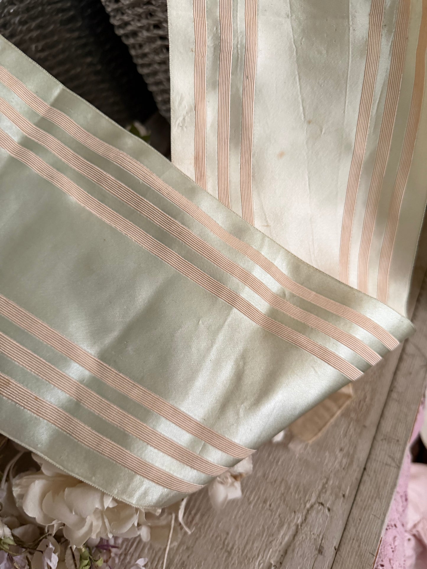 Antique Silk Ribbon Ice Green Pastel Ivory Stripe