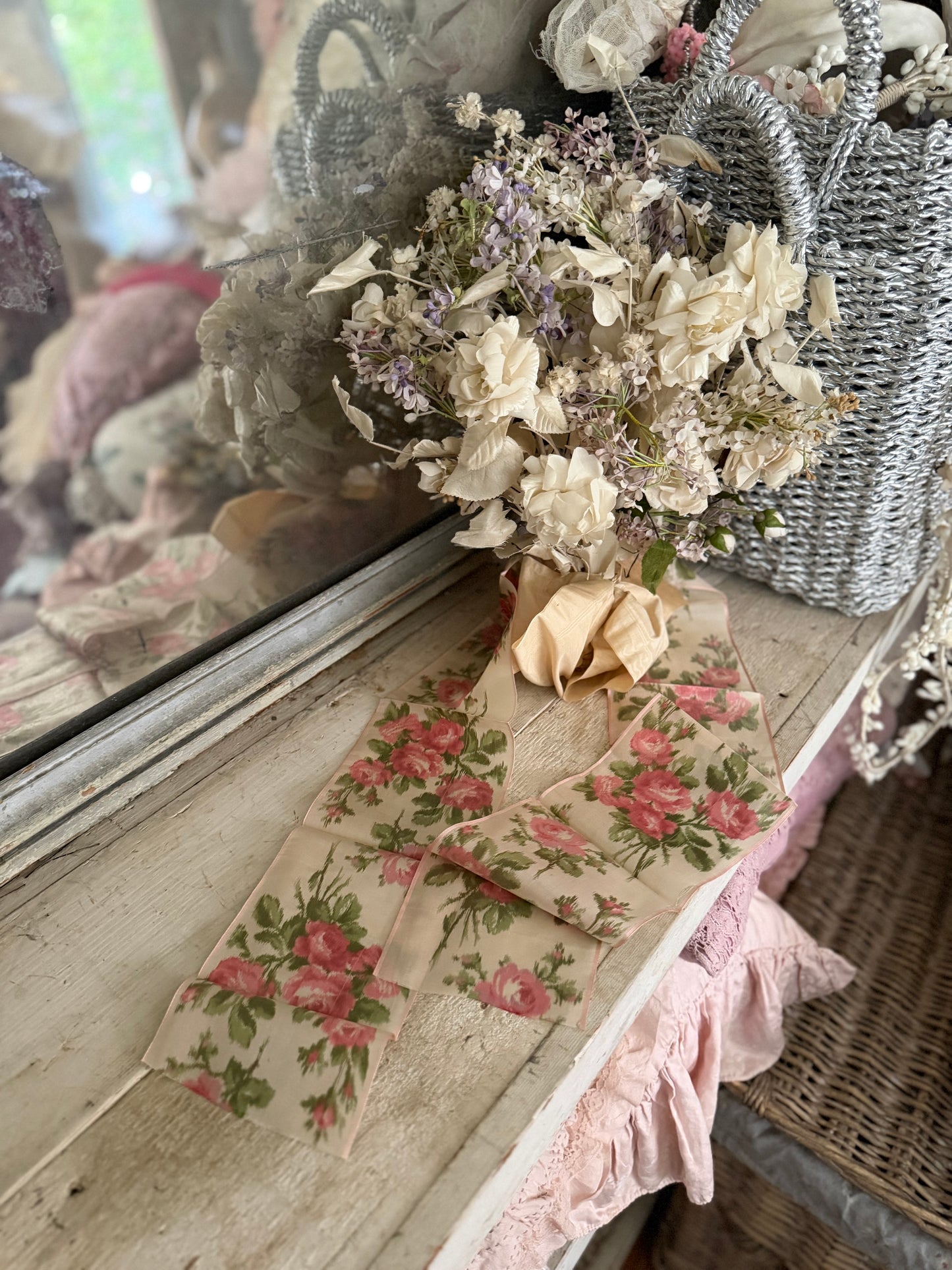 Antique Watered Silk Pink Rose Ribbon