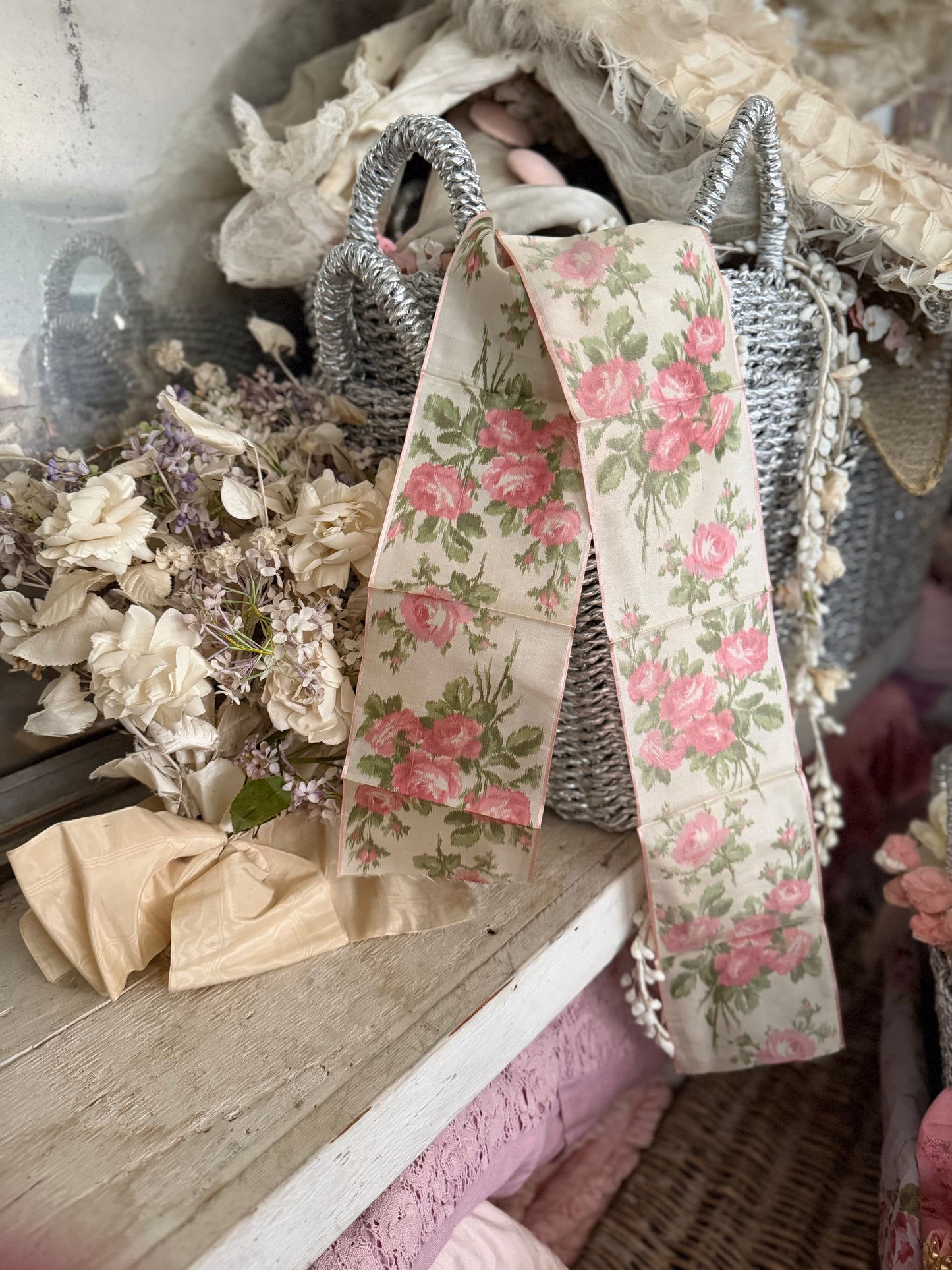 Antique Watered Silk Pink Rose Ribbon