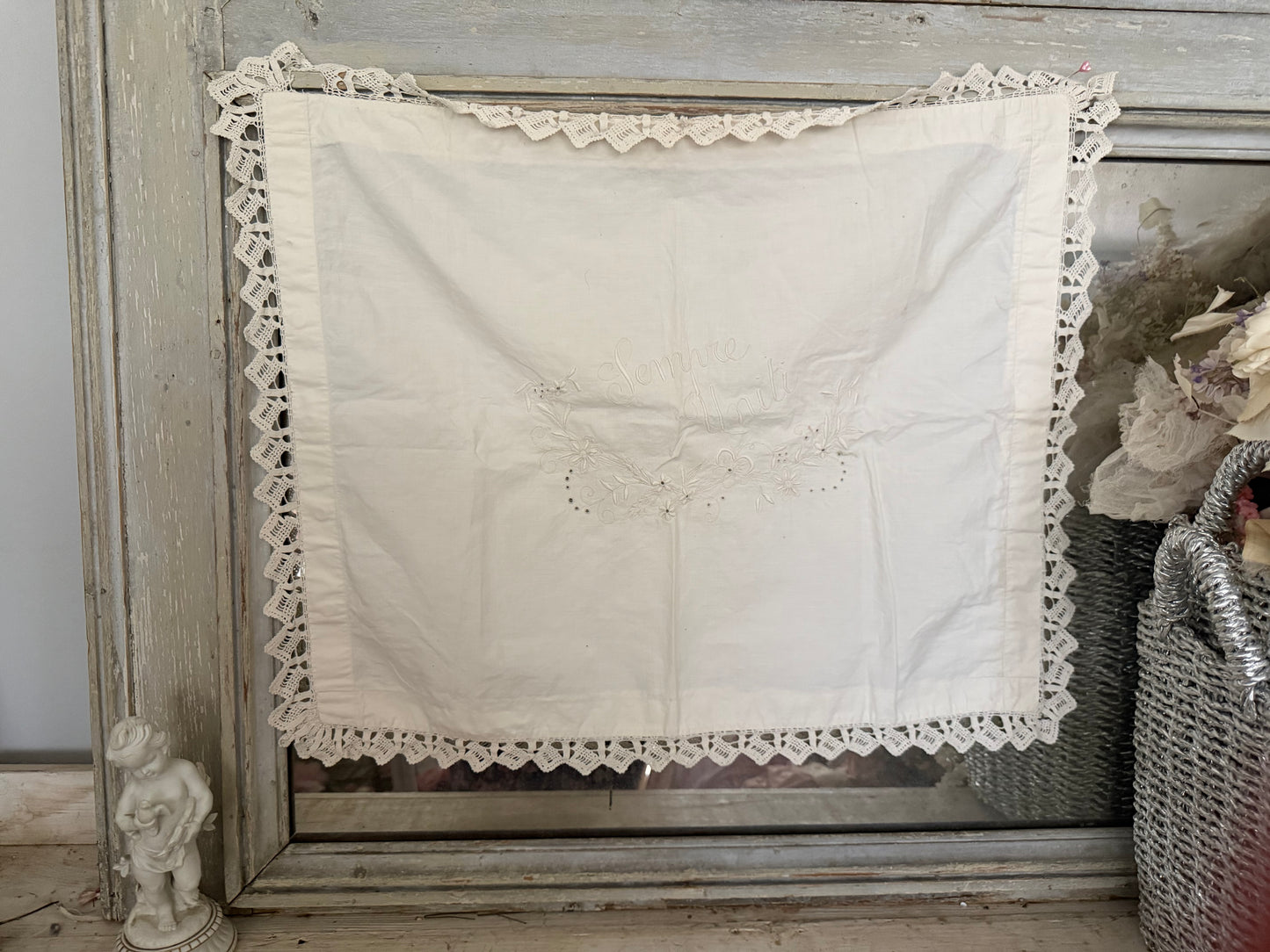 Antique Italian Embroidered Lace Pillow Top "ALWAYS TOGETHER"