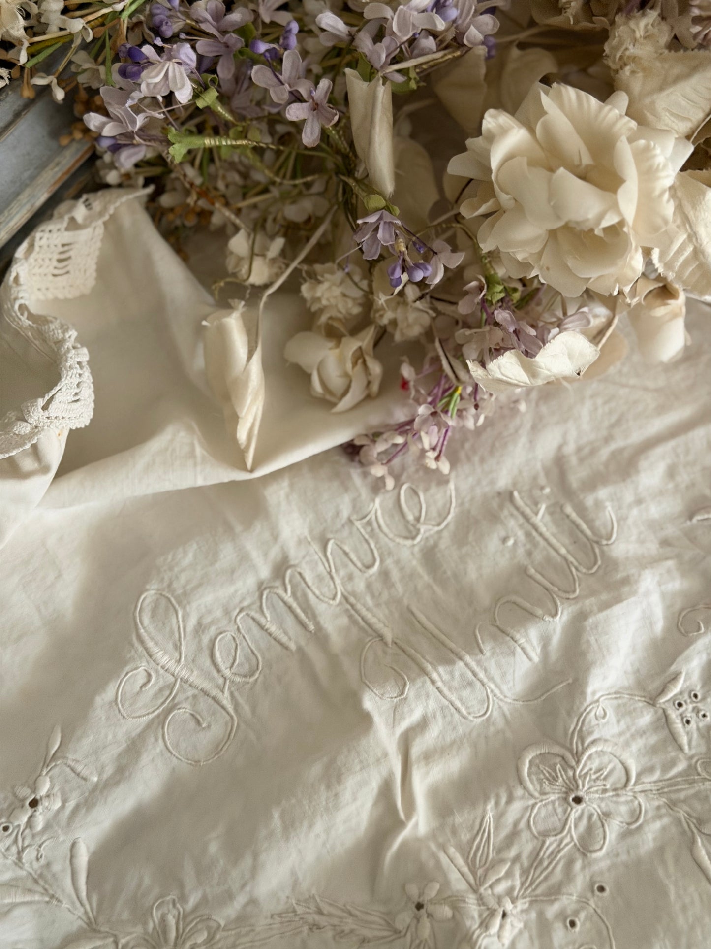 Antique Italian Embroidered Lace Pillow Top "ALWAYS TOGETHER"