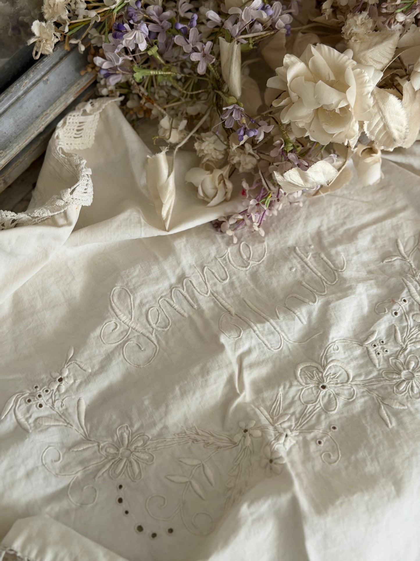 Antique Italian Embroidered Lace Pillow Top "ALWAYS TOGETHER"
