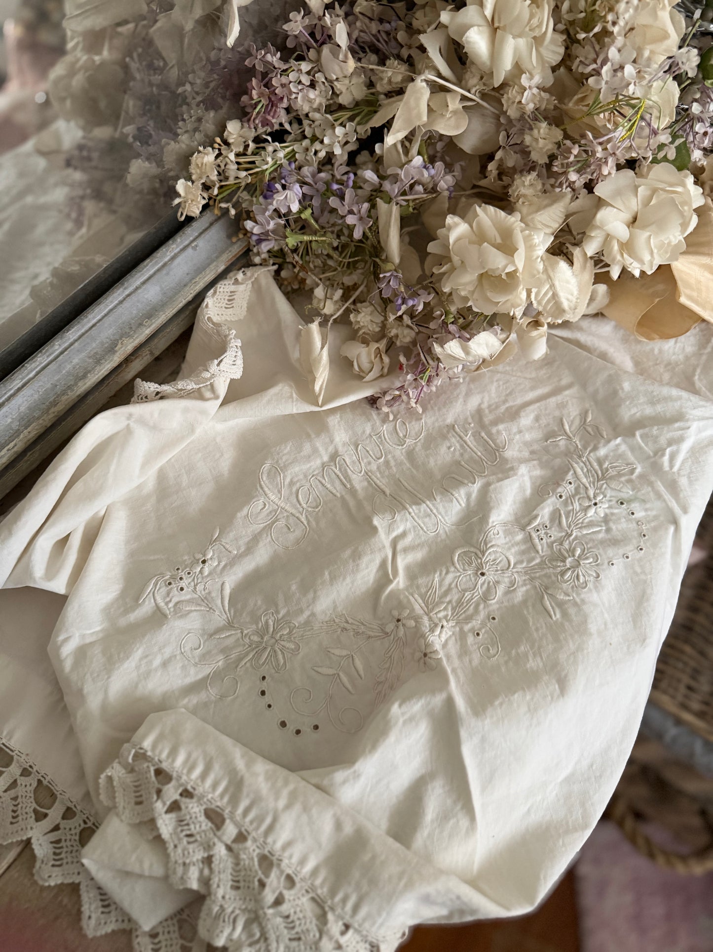 Antique Italian Embroidered Lace Pillow Top "ALWAYS TOGETHER"