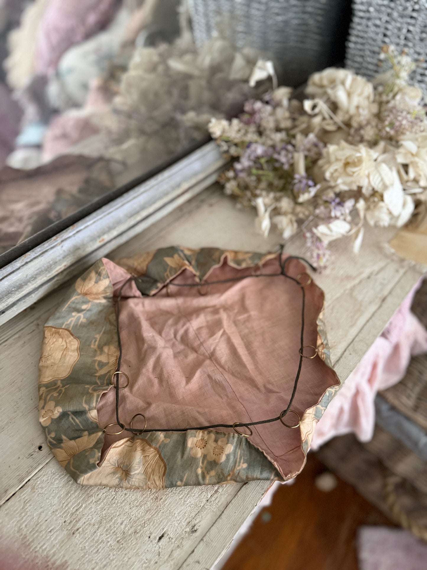 Antique French Fabric Sewing Pouch Pink Green Brass Rings