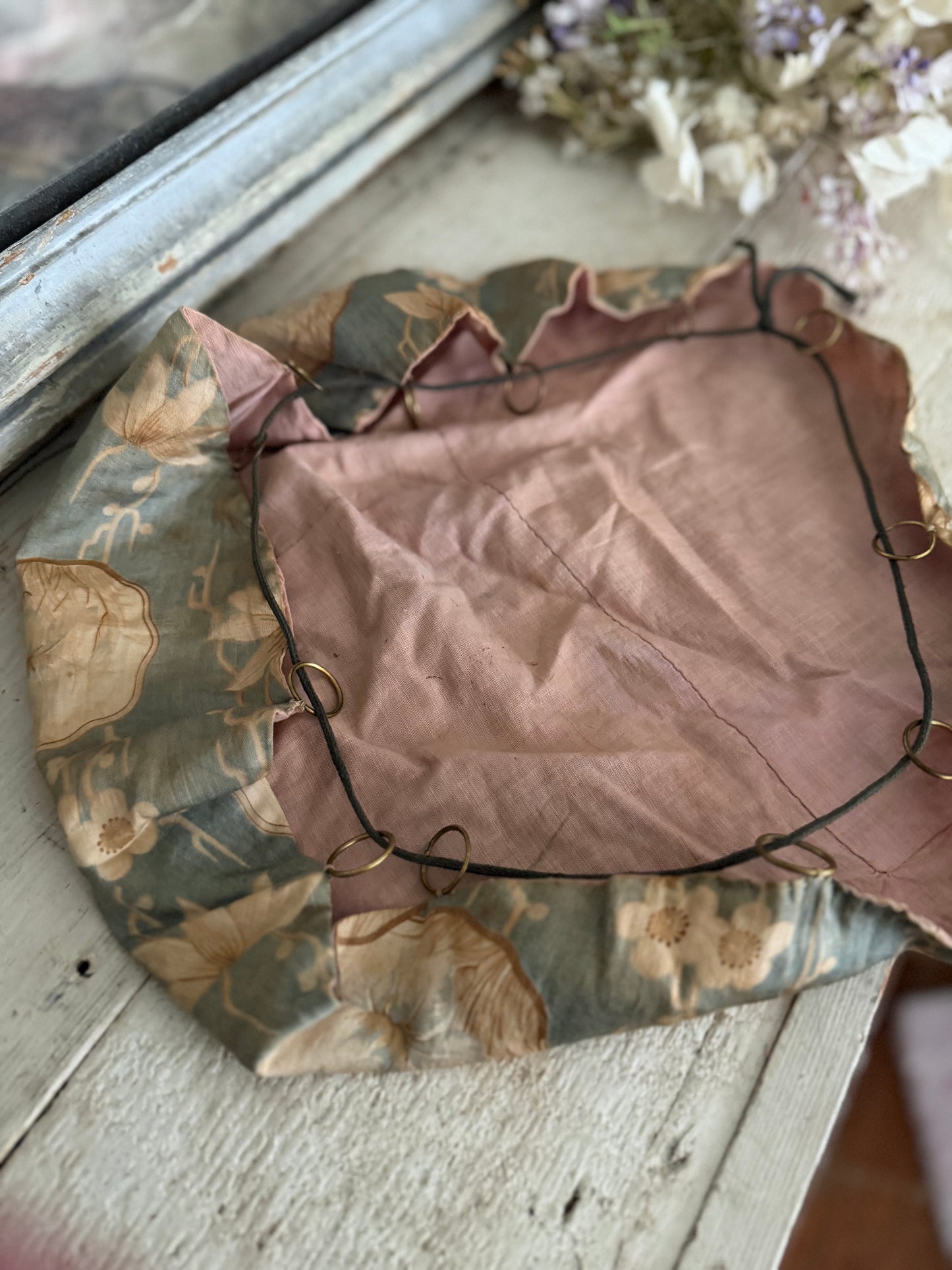 Antique French Fabric Sewing Pouch Pink Green Brass Rings