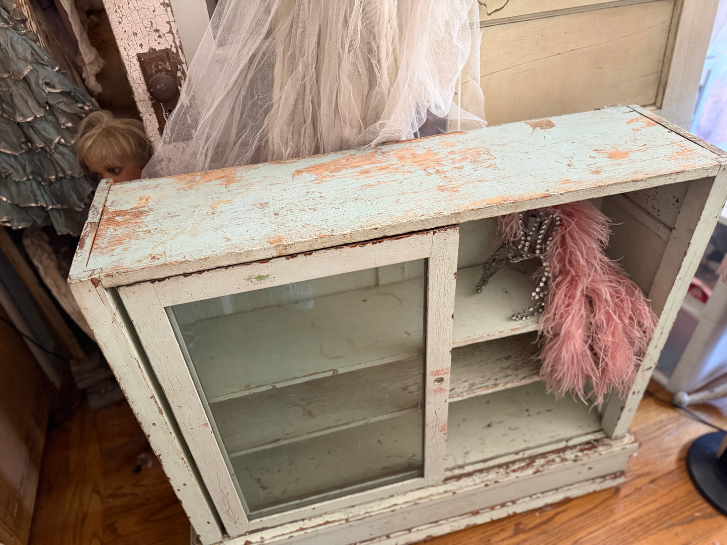 RARE Pair Antique Green Chippy Sliding Glass Door Cabinets