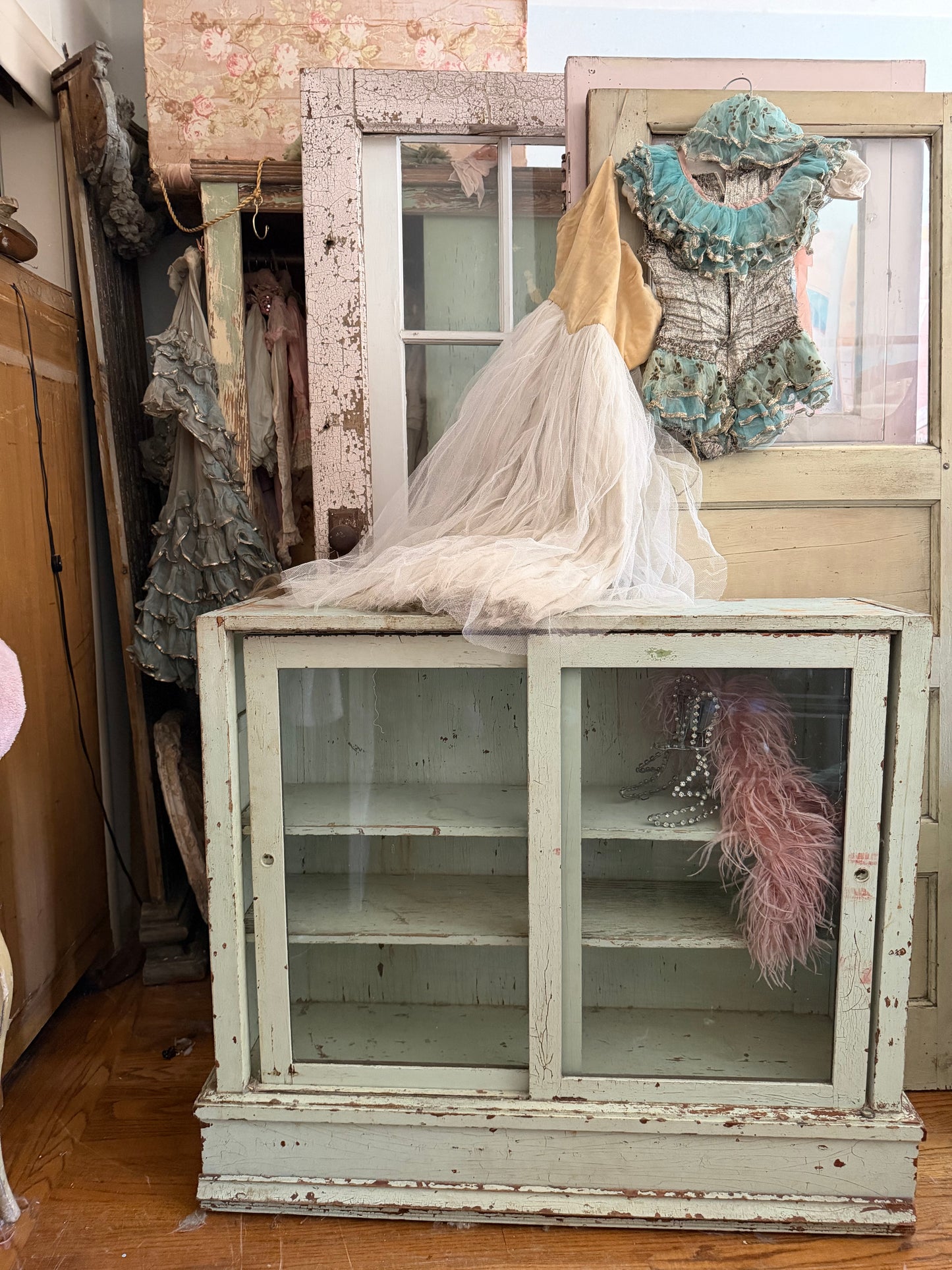 RARE Pair Antique Green Chippy Sliding Glass Door Cabinets
