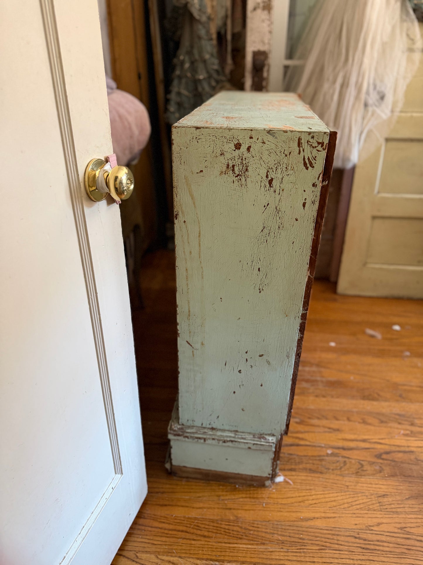 RARE Pair Antique Green Chippy Sliding Glass Door Cabinets
