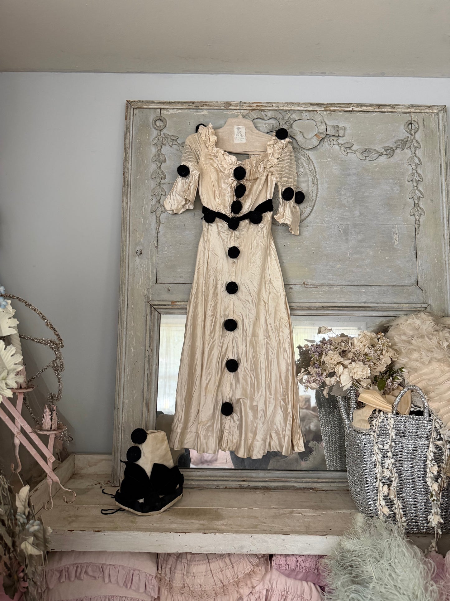 RESERVED K Antique Silk Pierrot Costume Dress & Hat