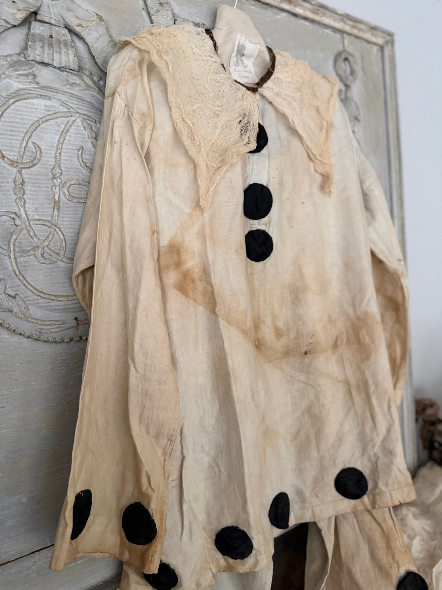 Antique French Pierrot Costume Faded Blue Gauze Lace Collar
