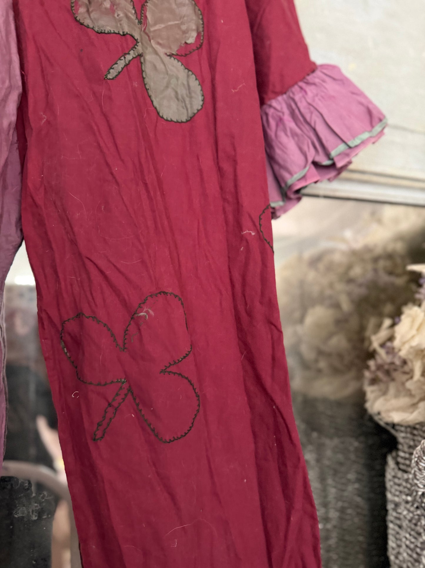 Antique French Pierrot Ruffled Clown Costume Pink Silk Clubs