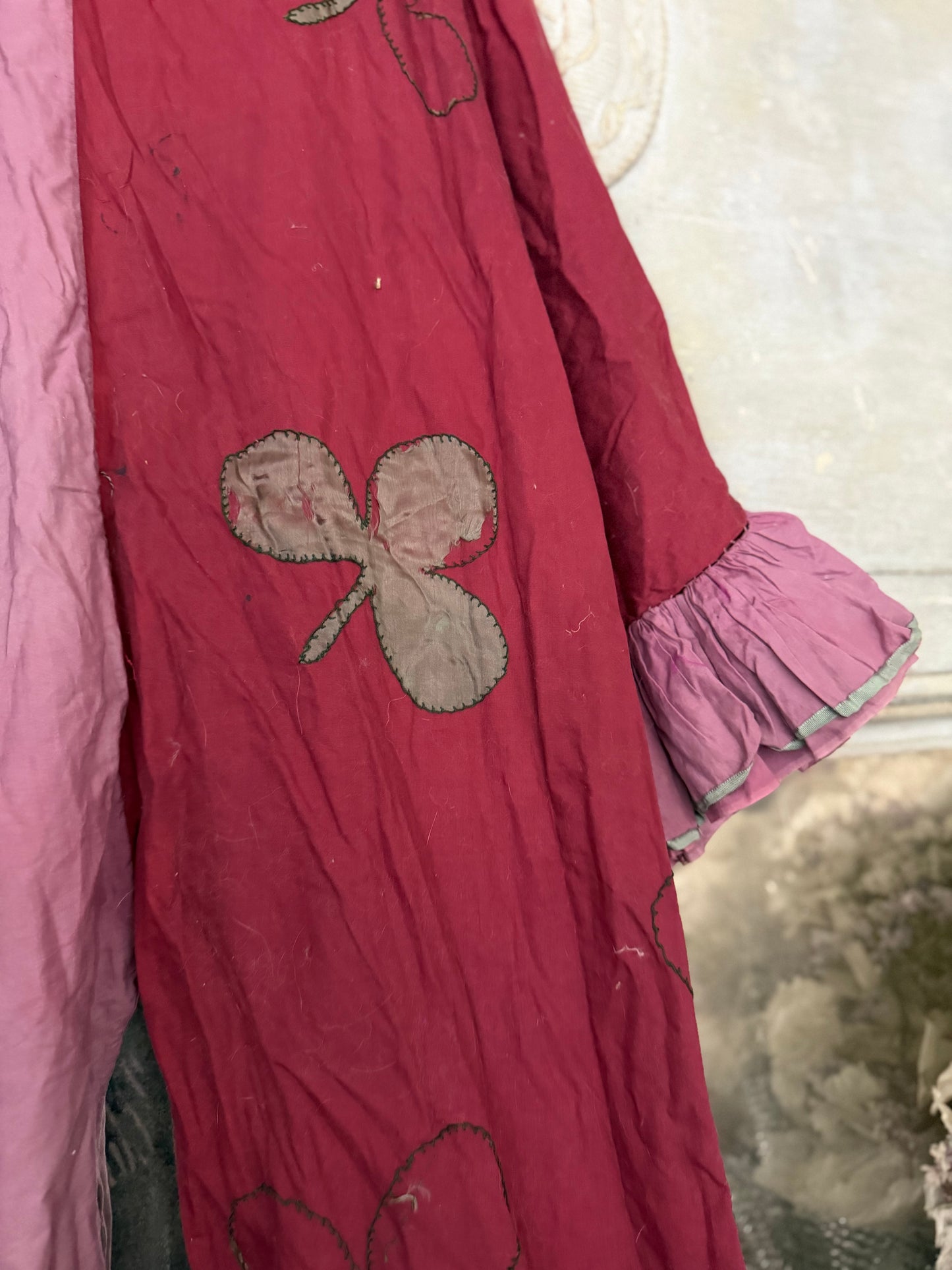 Antique French Pierrot Ruffled Clown Costume Pink Silk Clubs
