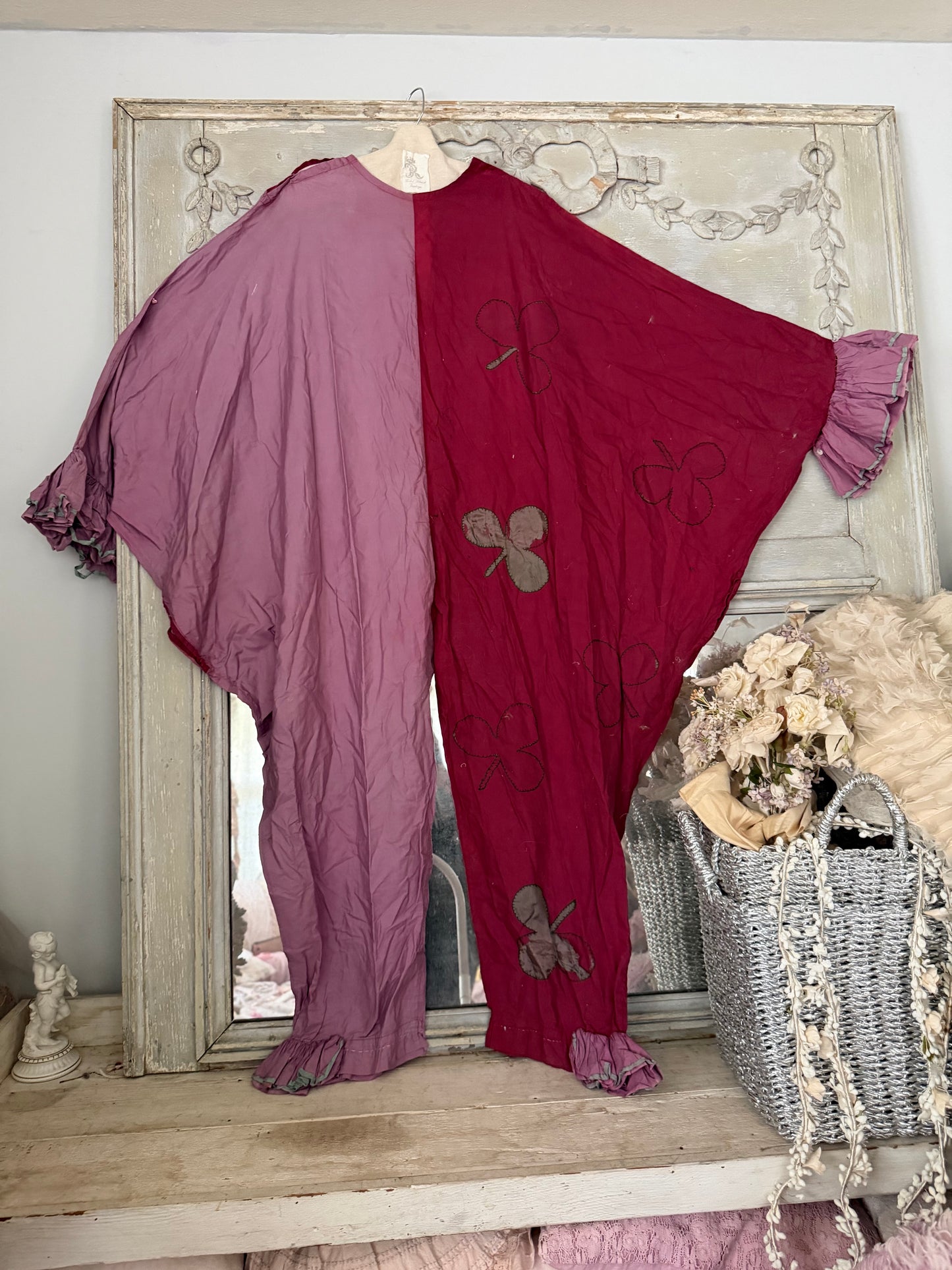 Antique French Pierrot Ruffled Clown Costume Pink Silk Clubs