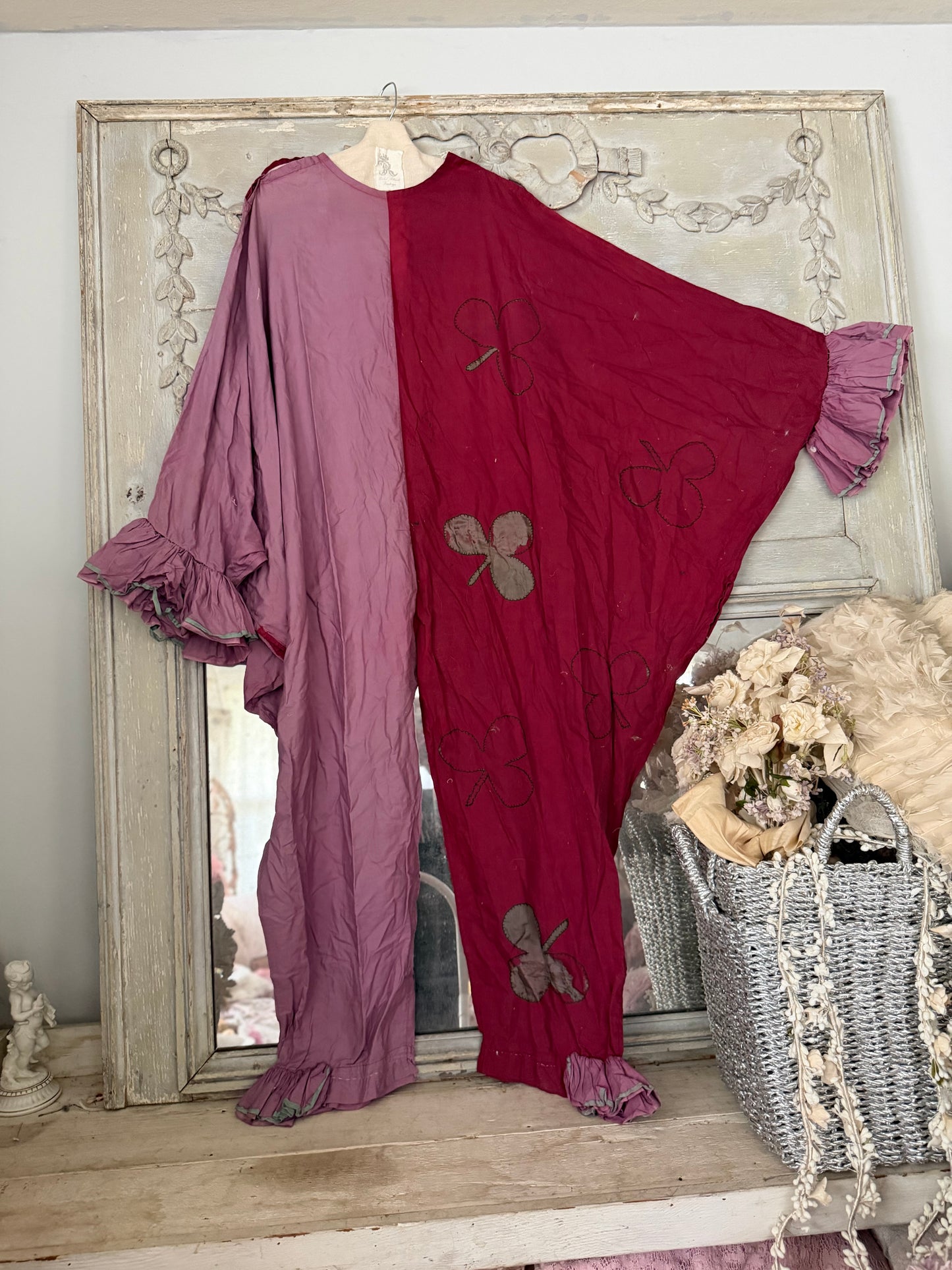 Antique French Pierrot Ruffled Clown Costume Pink Silk Clubs