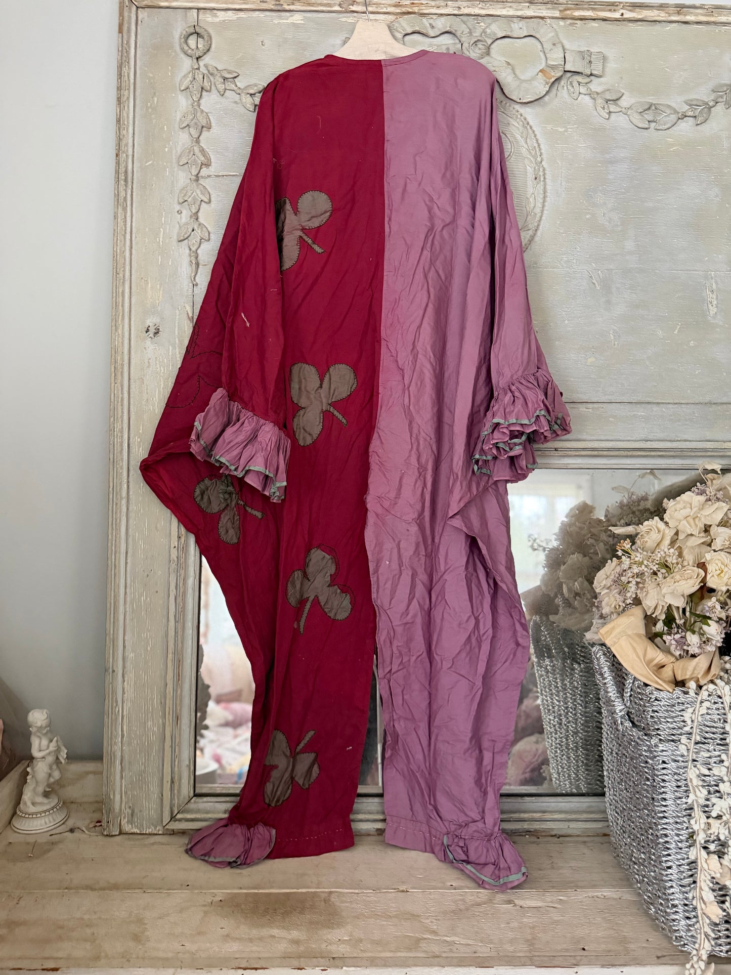 Antique French Pierrot Ruffled Clown Costume Pink Silk Clubs