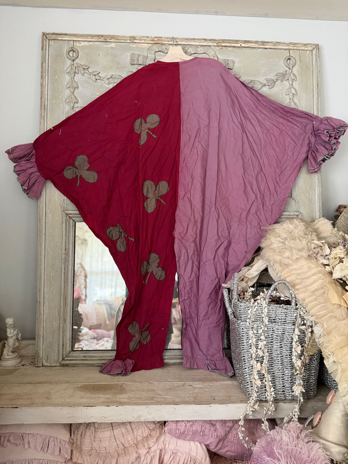 Antique French Pierrot Ruffled Clown Costume Pink Silk Clubs