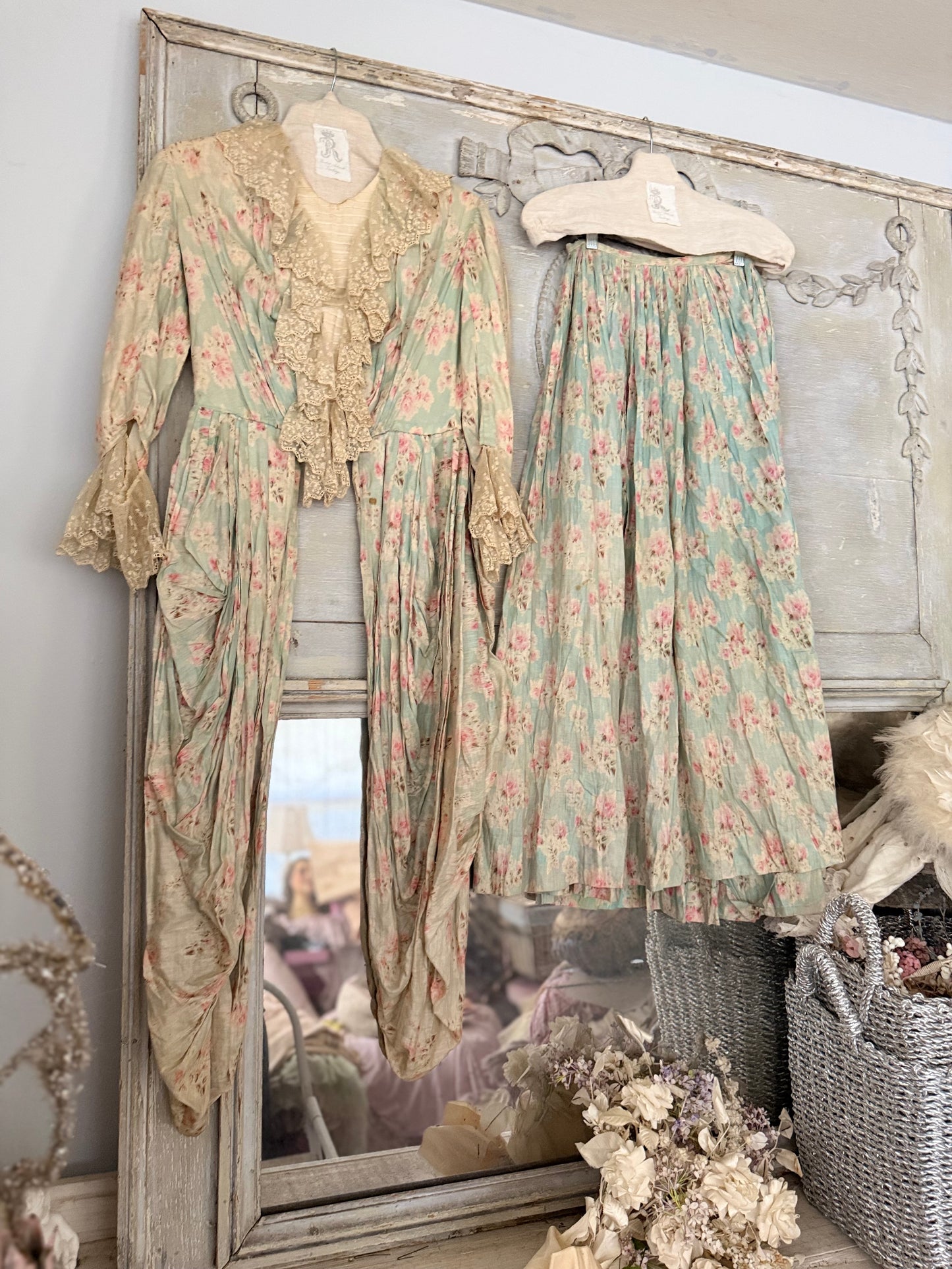Antique Watered Pink Rose On Blue 2pc Rococo Gown