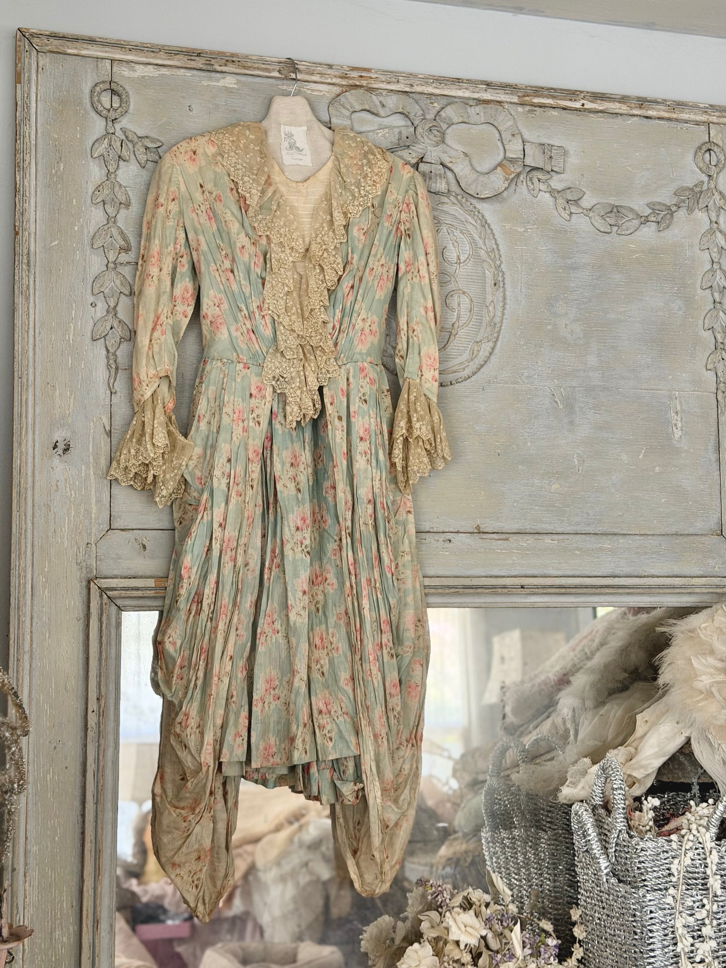 Antique Watered Pink Rose On Blue 2pc Rococo Gown