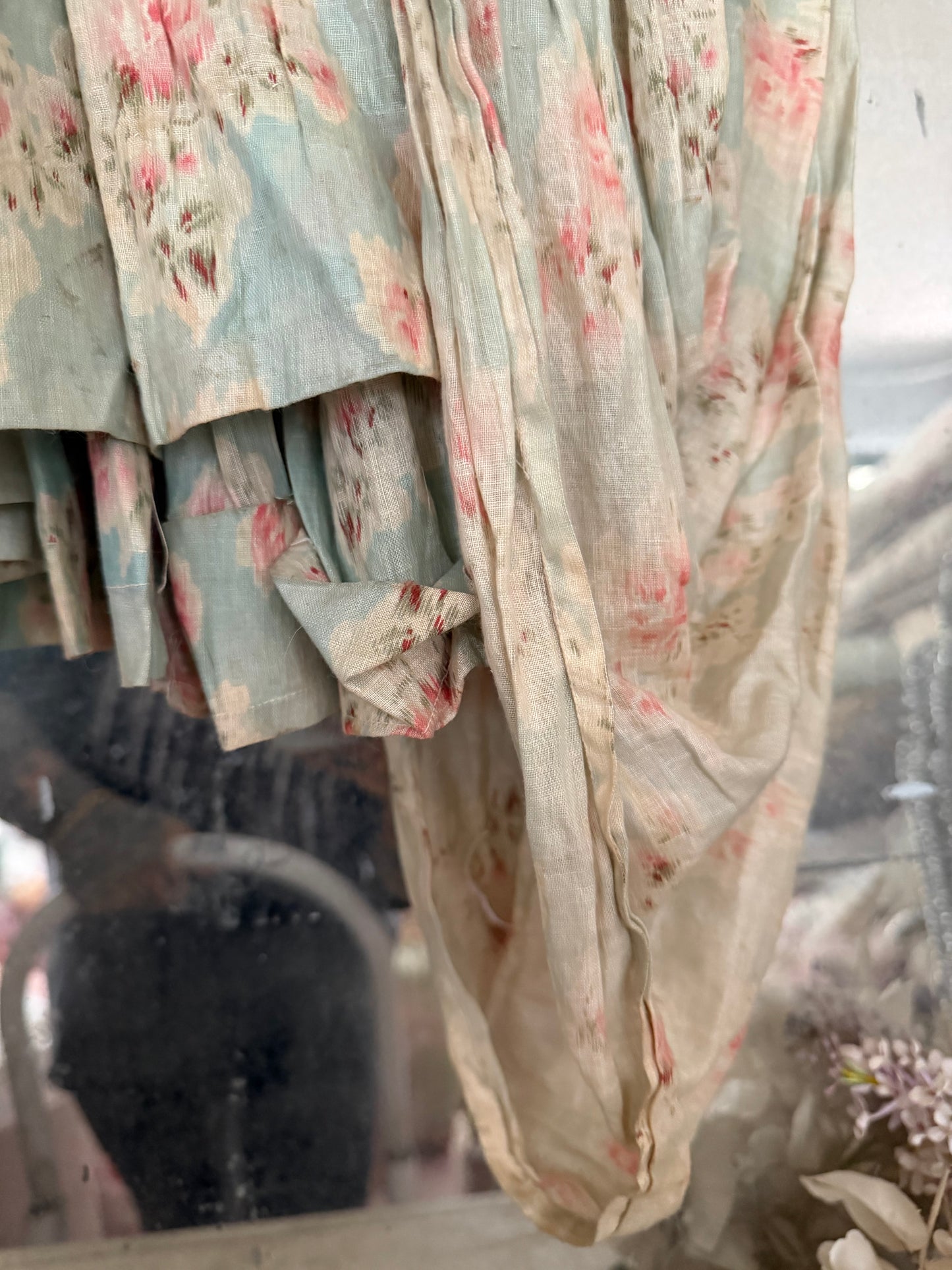 Antique Watered Pink Rose On Blue 2pc Rococo Gown